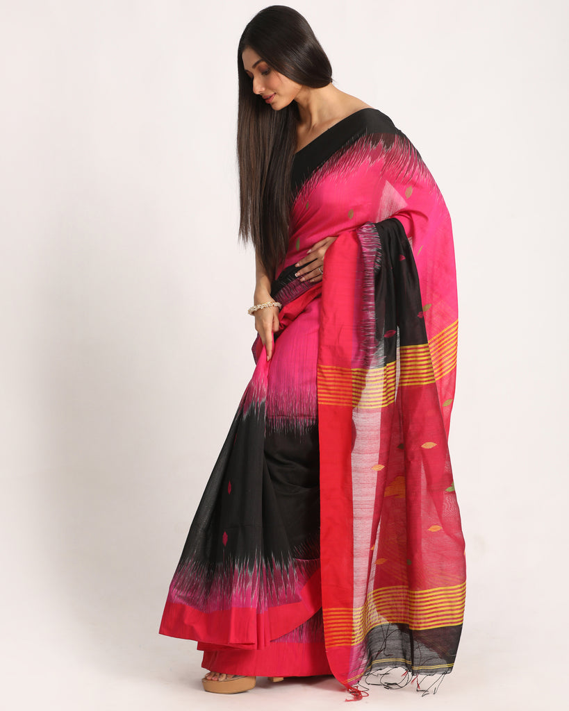 Women's Fuchsia Black Cotton Blend Handloom Tie Dye Jamdani Saree