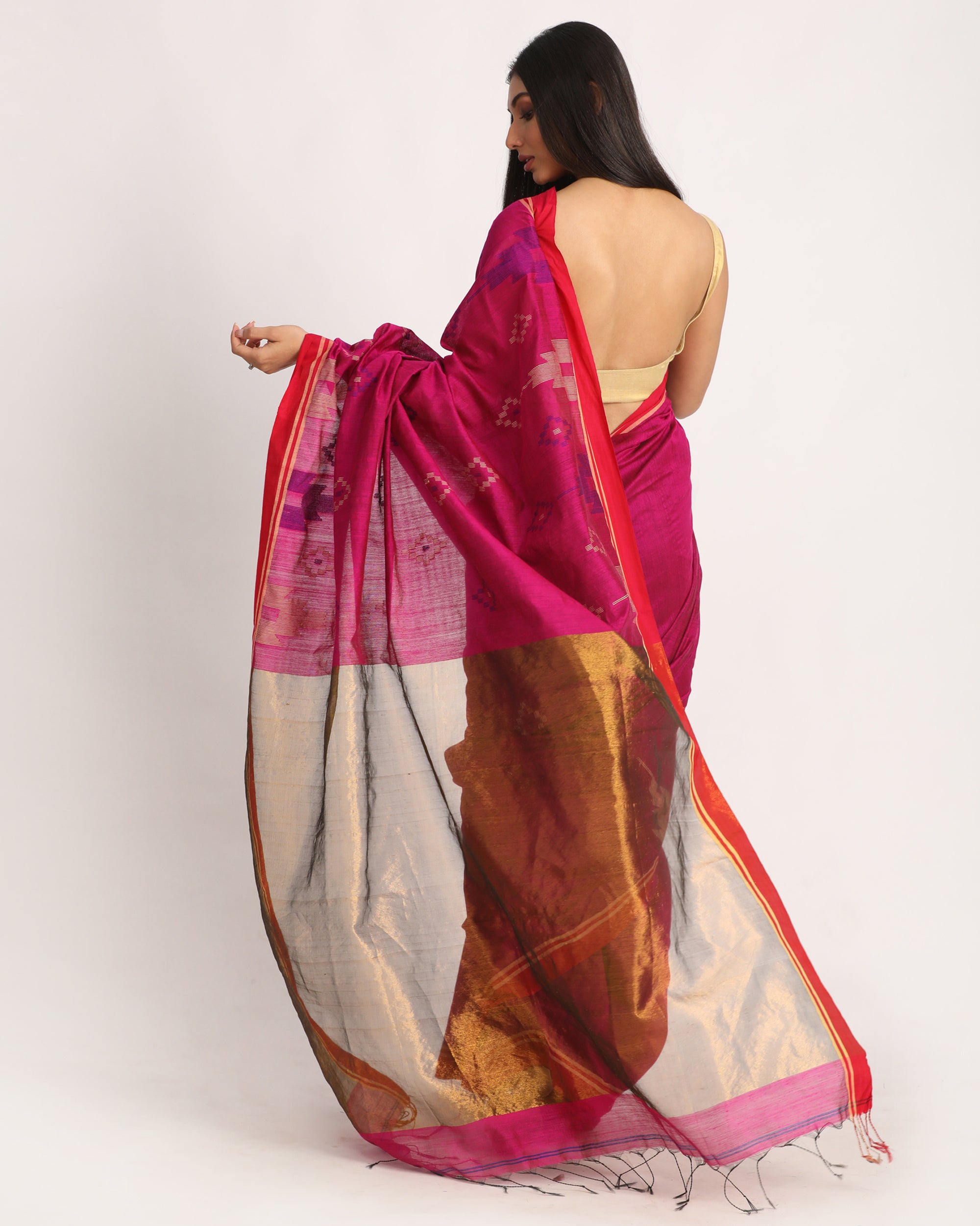 Women's Dark Pink Cotton Blend Handloom Jamdani Saree - Angoshobha