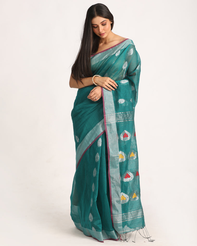 Women's Teal Cotton Blend Handloom Jamdani Saree