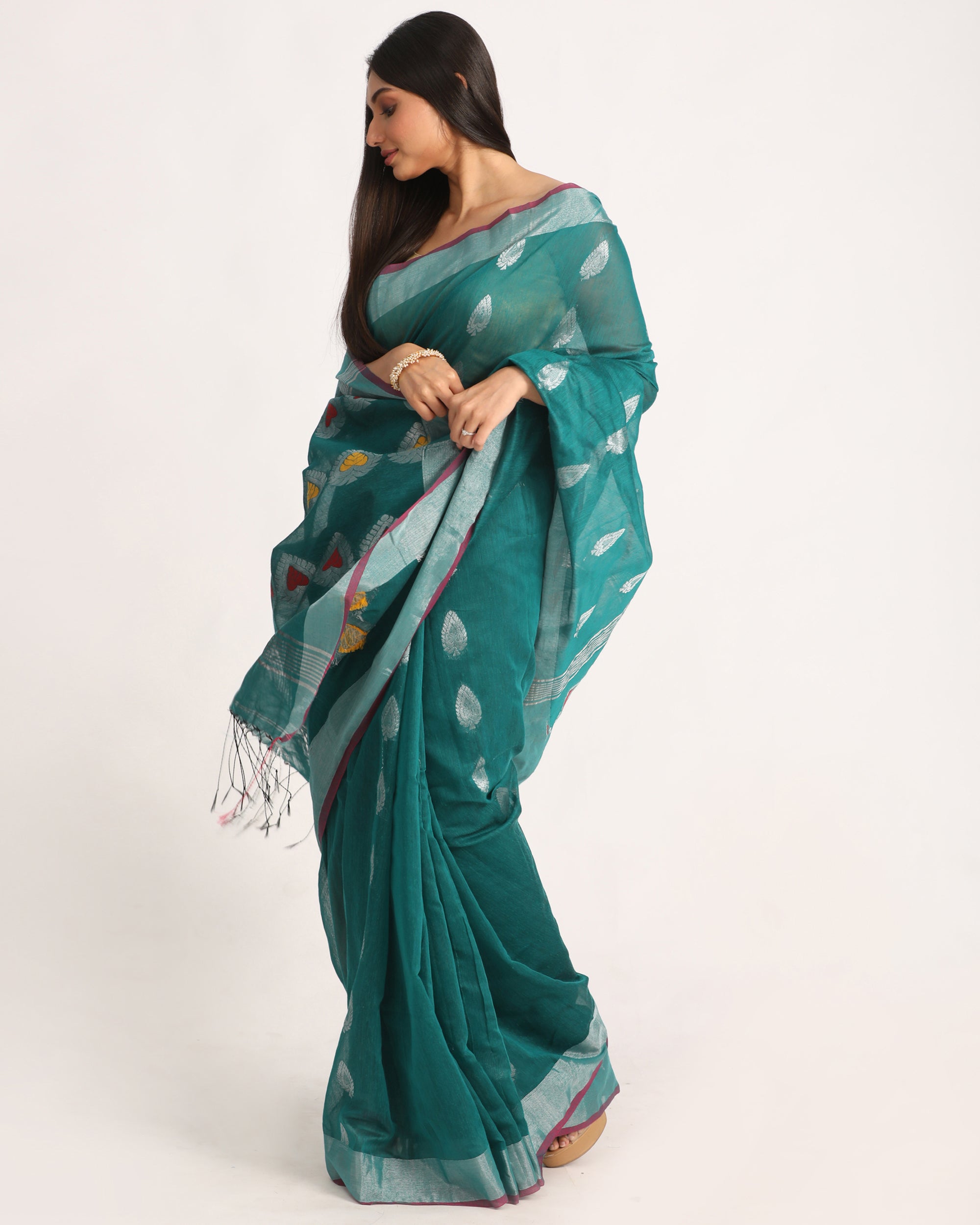 Women's Teal Cotton Blend Handloom Jamdani Saree - Angoshobha