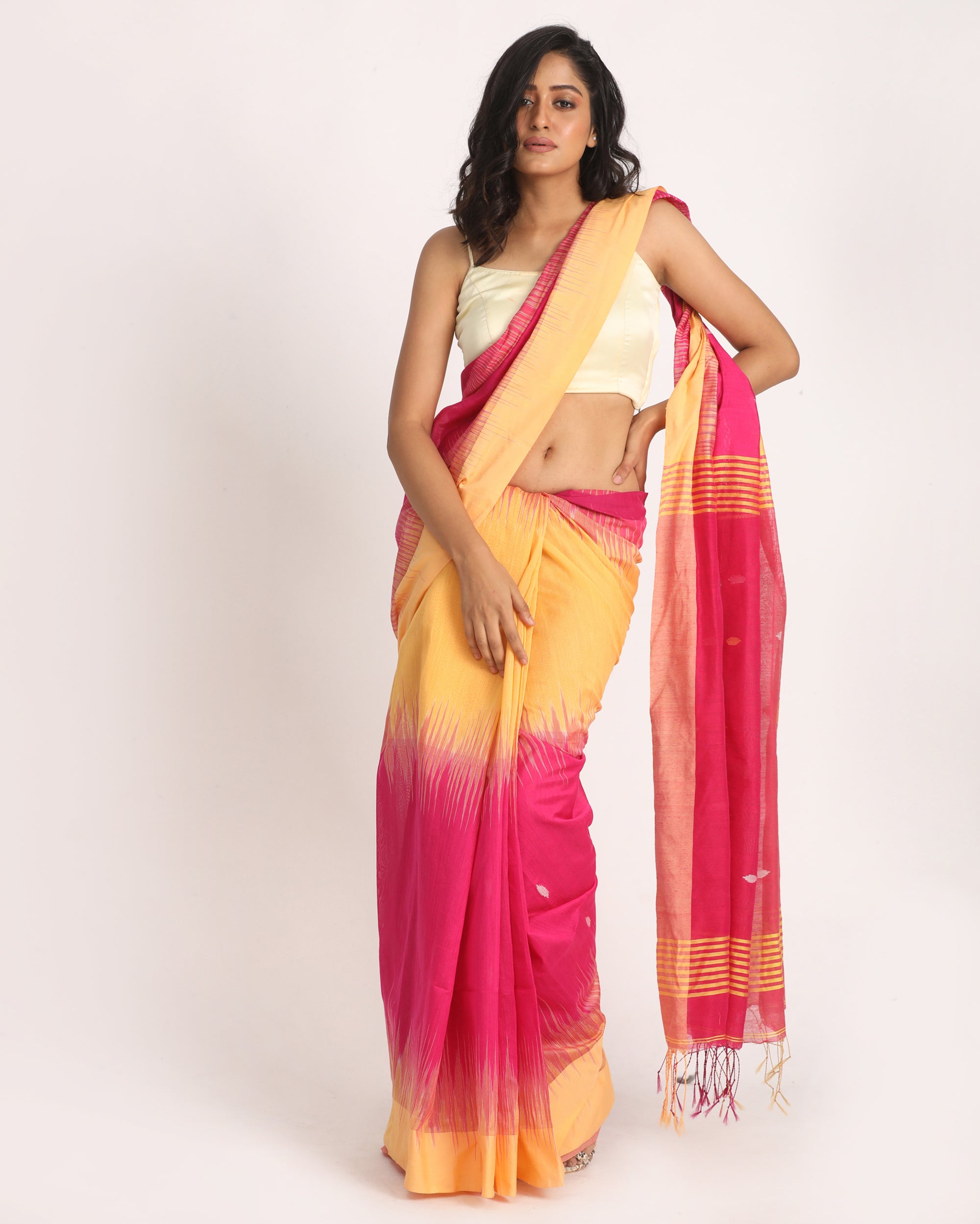 Women's Deep Pink Mellon Yellow Cotton Blend Handloom Tie Dye Jamdani Saree - Angoshobha