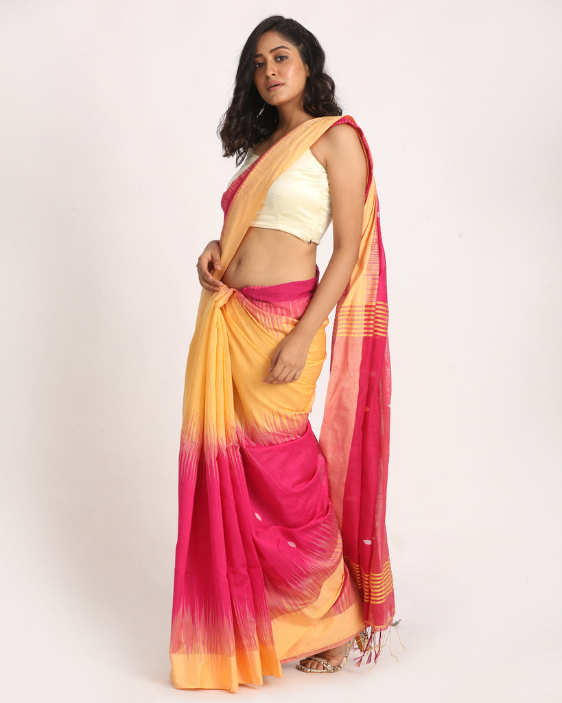 Women's Deep Pink Mellon Yellow Cotton Blend Handloom Tie Dye Jamdani Saree