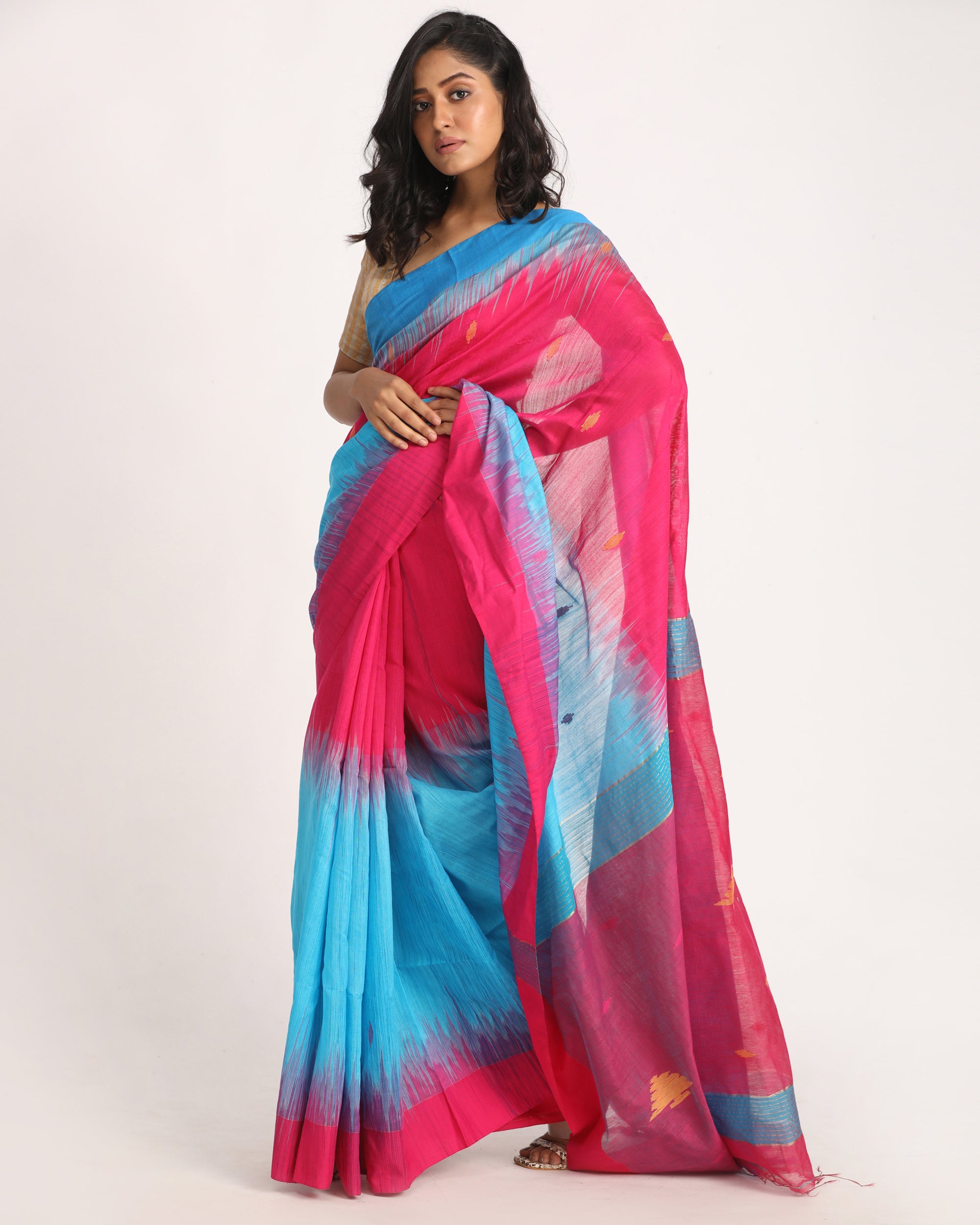 Women's Fuchsia Aqua Blue Cotton Blend Handloom Tie Dye Jamdani Saree - Angoshobha