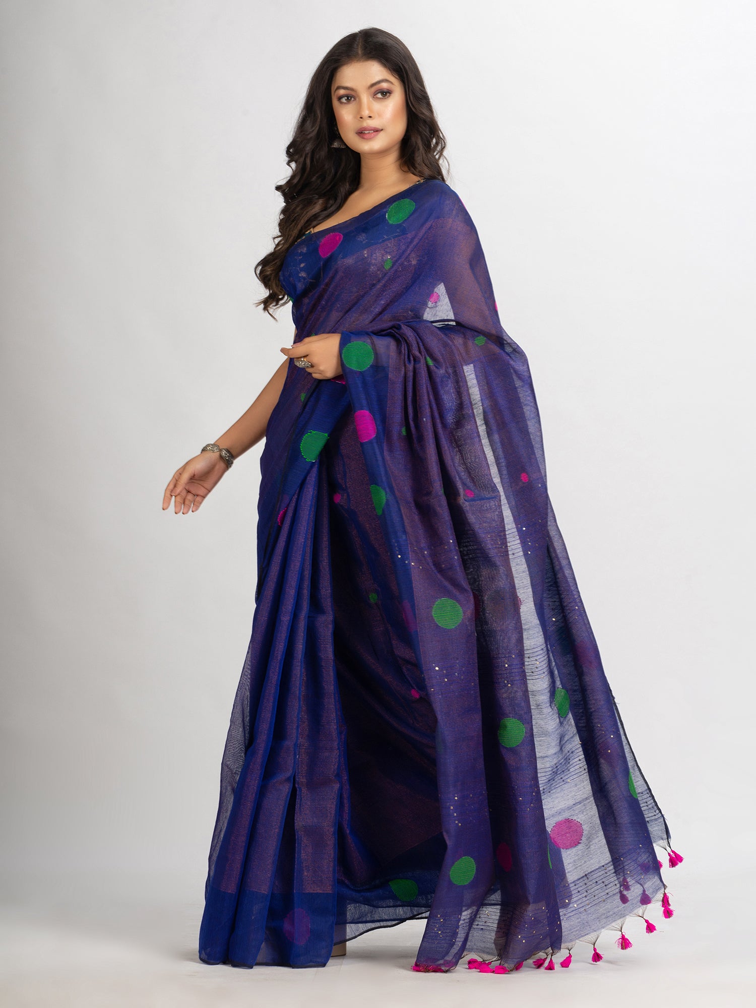 Women's Blue Handweven Cotton Blend Jamdani handloom Saree - Angoshobha