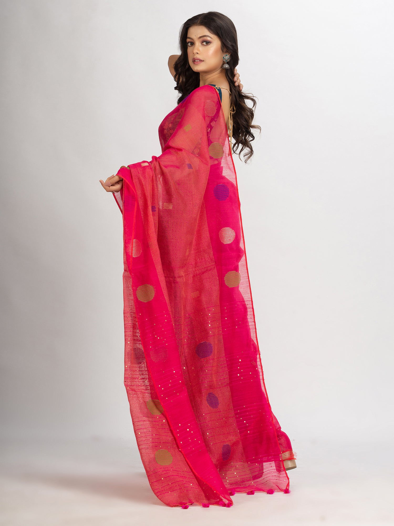 Women's Red Pink Handweven Cotton Blend Jamdani handloom Saree - Angoshobha