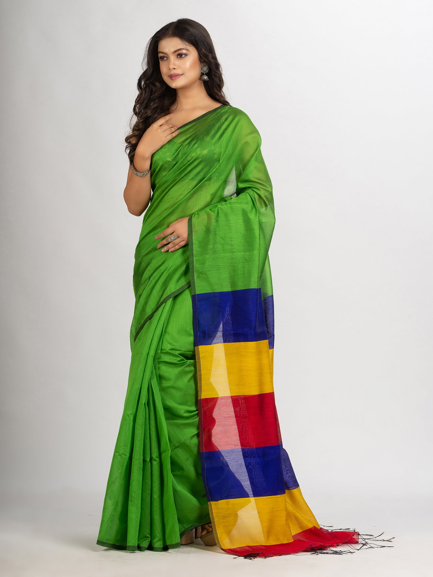 Women's Green Cotton Blend Handloom handloom handloom Saree - Angoshobha