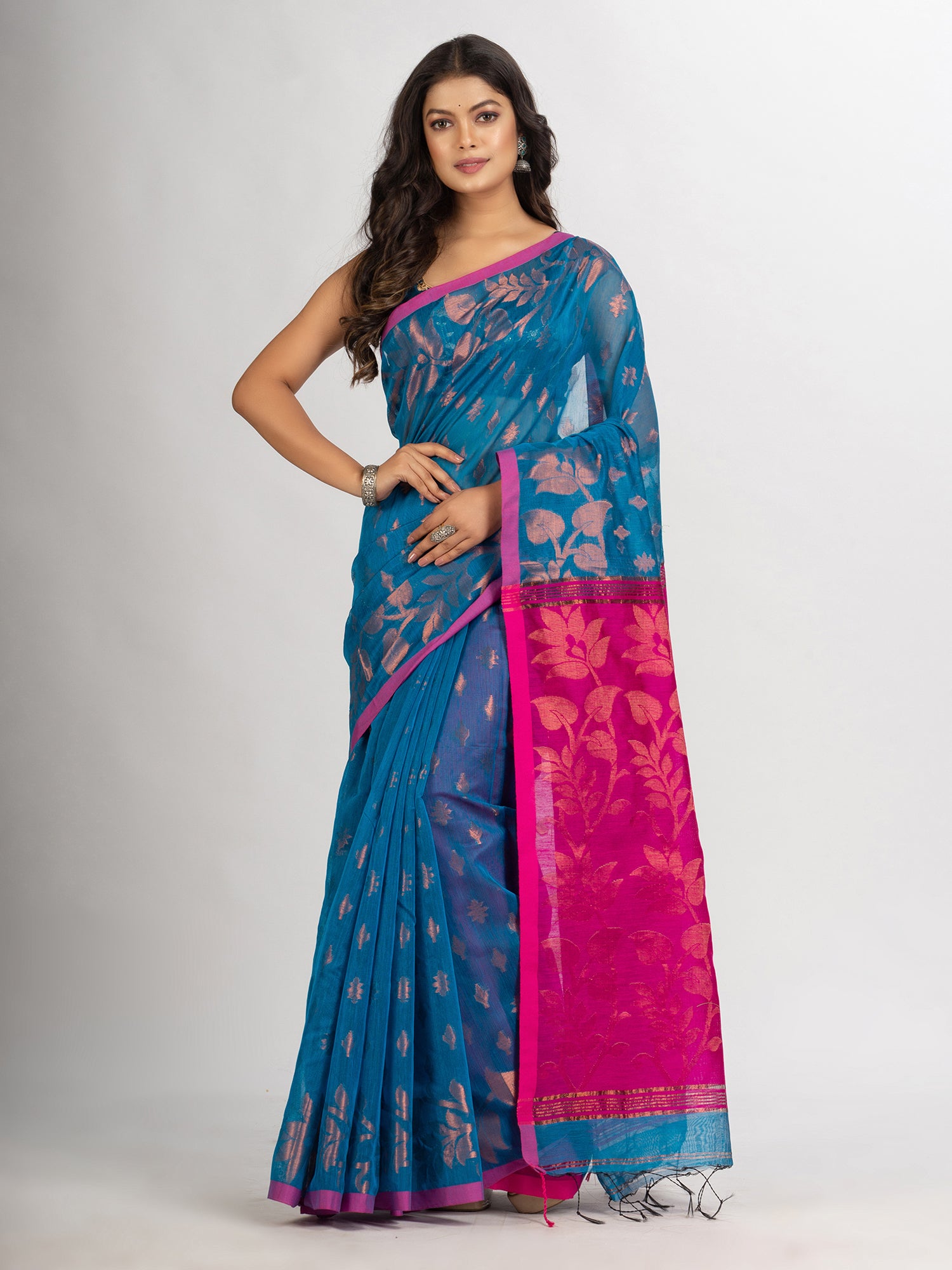 Women's Sky Blue Cotton Blend Handloom Tangail Saree - Angoshobha