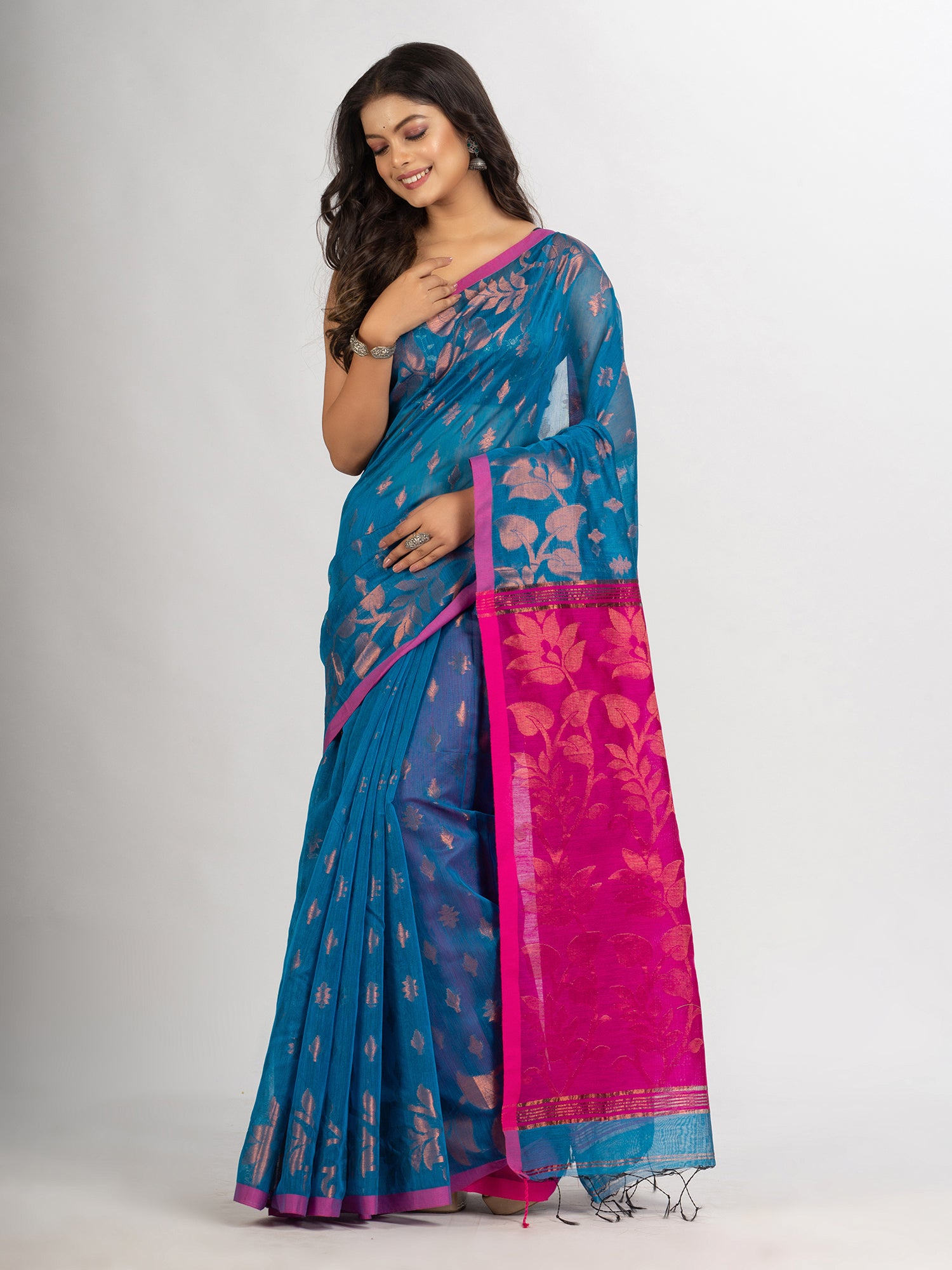 Women's Sky Blue Cotton Blend Handloom Tangail Saree - Angoshobha