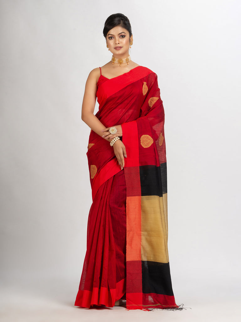 Women's Red Cotton Blend Handloom Jacquard handloom Saree