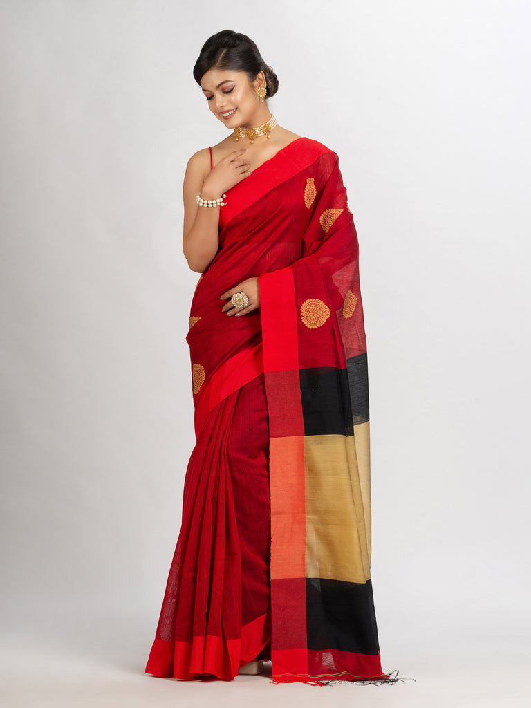 Women's Red Cotton Blend Handloom Jacquard handloom Saree