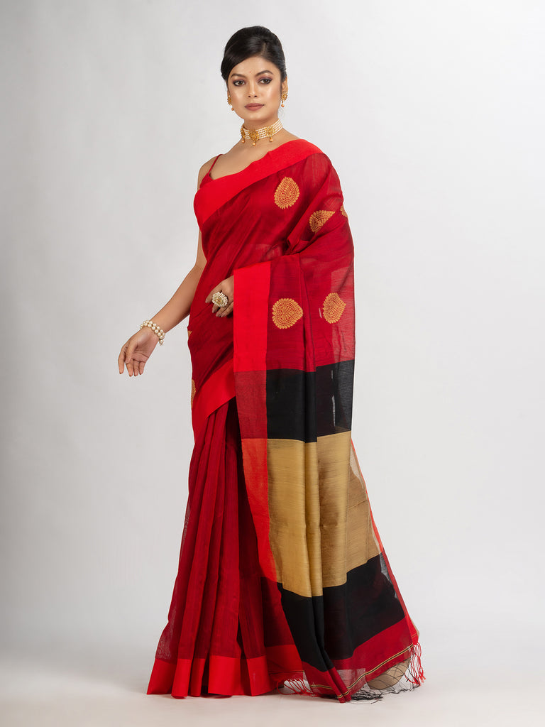 Women's Red Cotton Blend Handloom Jacquard handloom Saree