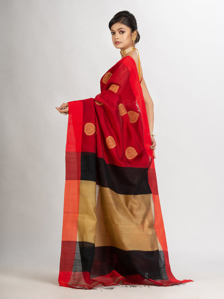 Women's Red Cotton Blend Handloom Jacquard handloom Saree
