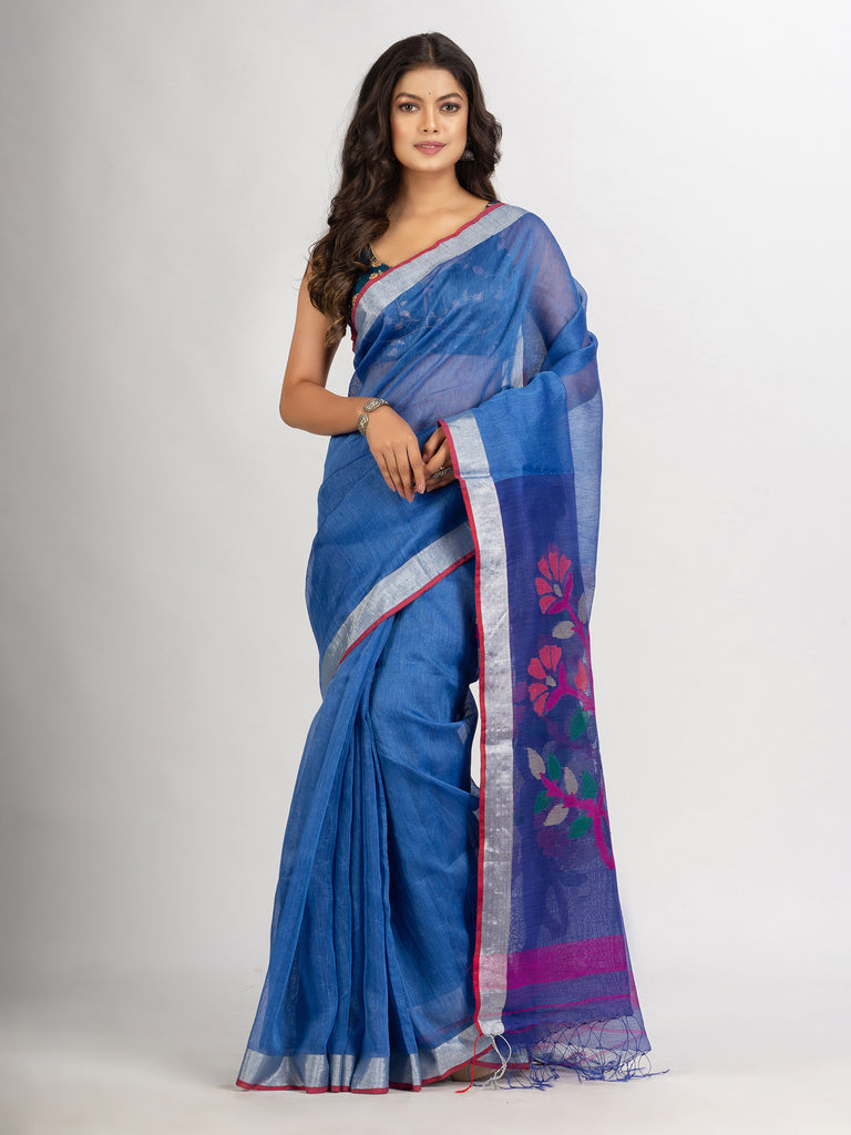 Women's Blue Handweven Bamper Lilen Jamdani handloom saree