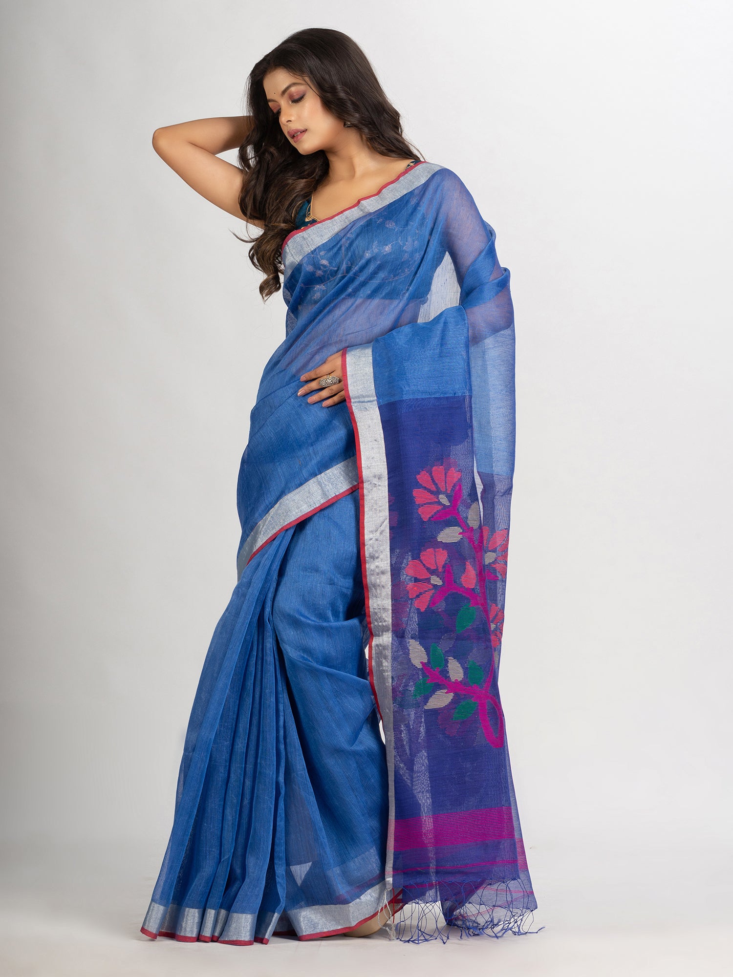 Women's Blue Handweven Bamper Lilen Jamdani handloom saree - Angoshobha