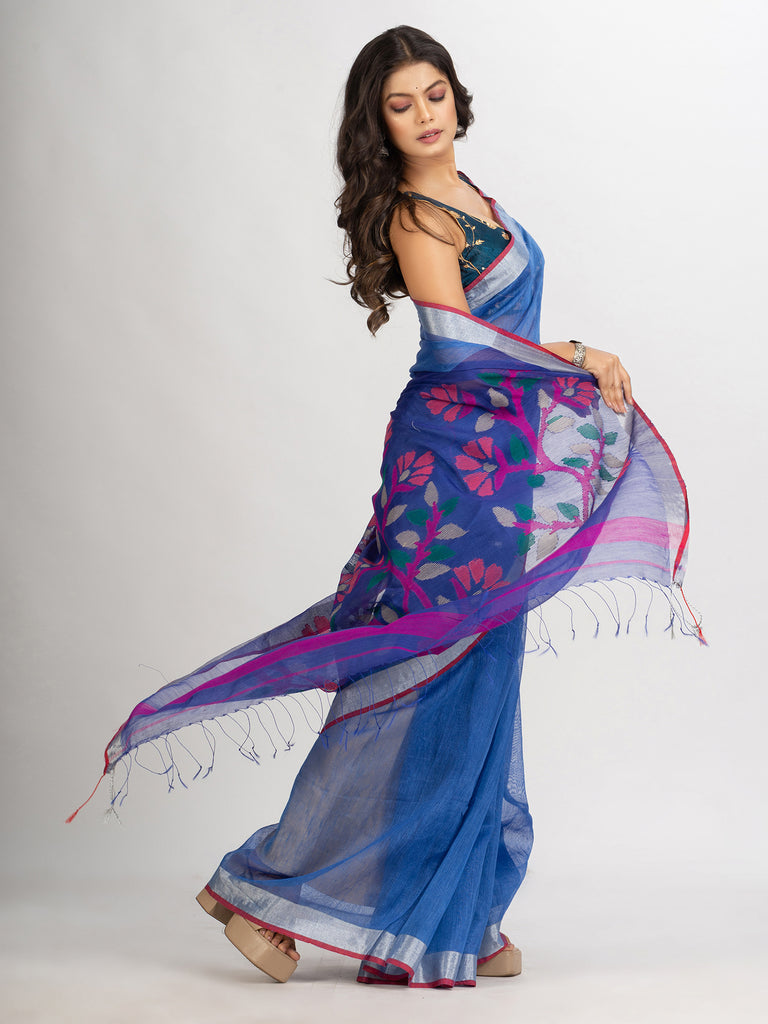 Women's Blue Handweven Bamper Lilen Jamdani handloom saree