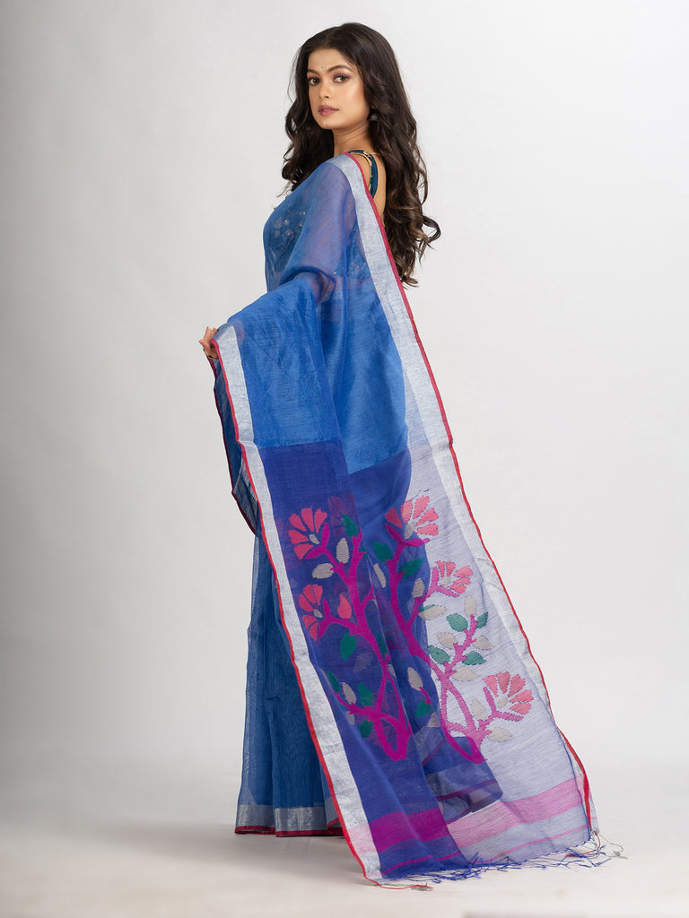 Women's Blue Handweven Bamper Lilen Jamdani handloom saree