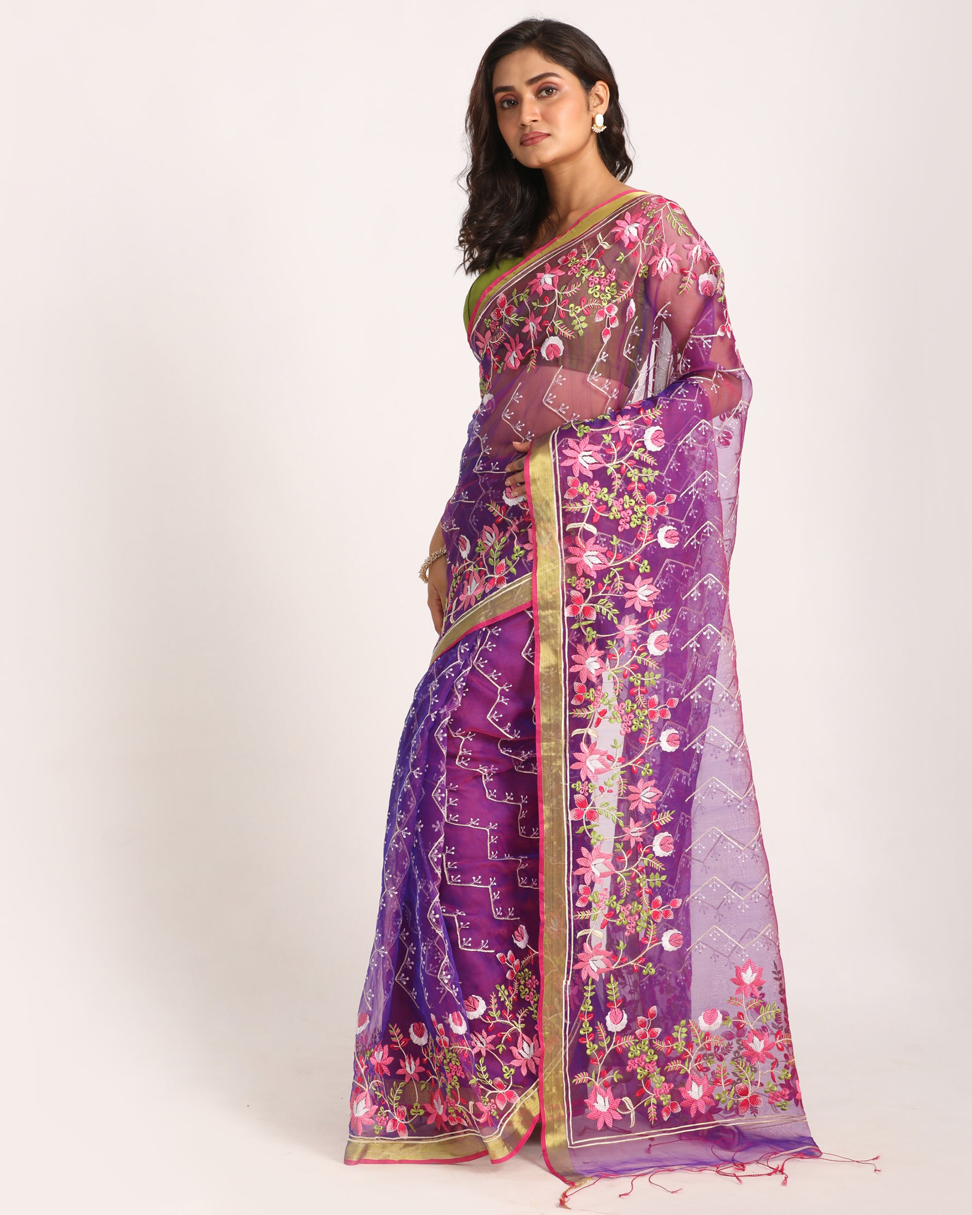Women's Purple Art Silk Muslin Handloom Embroidery Saree - Angoshobha