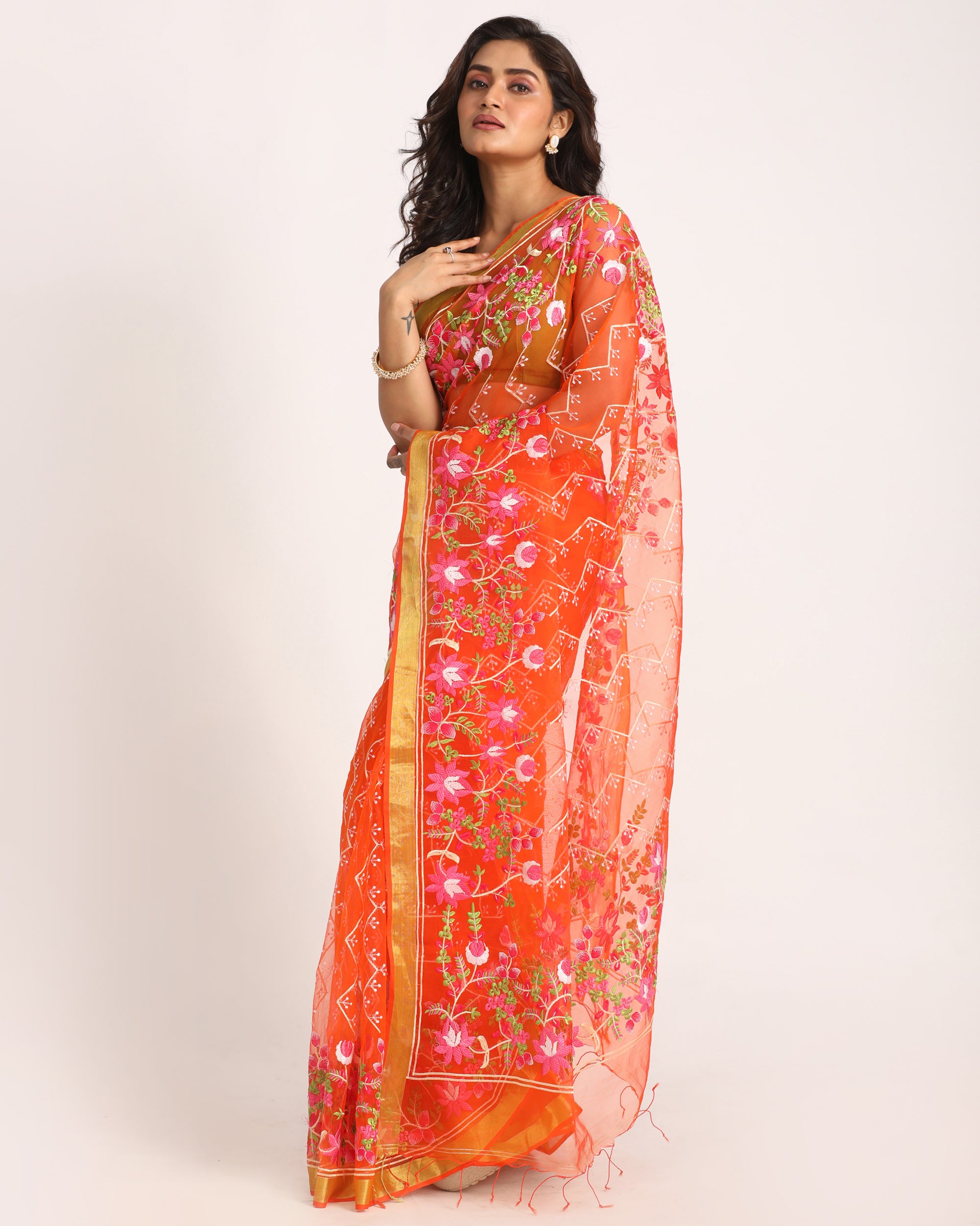 Women's Orange Art Silk Muslin Handloom Embroidery Saree - Angoshobha