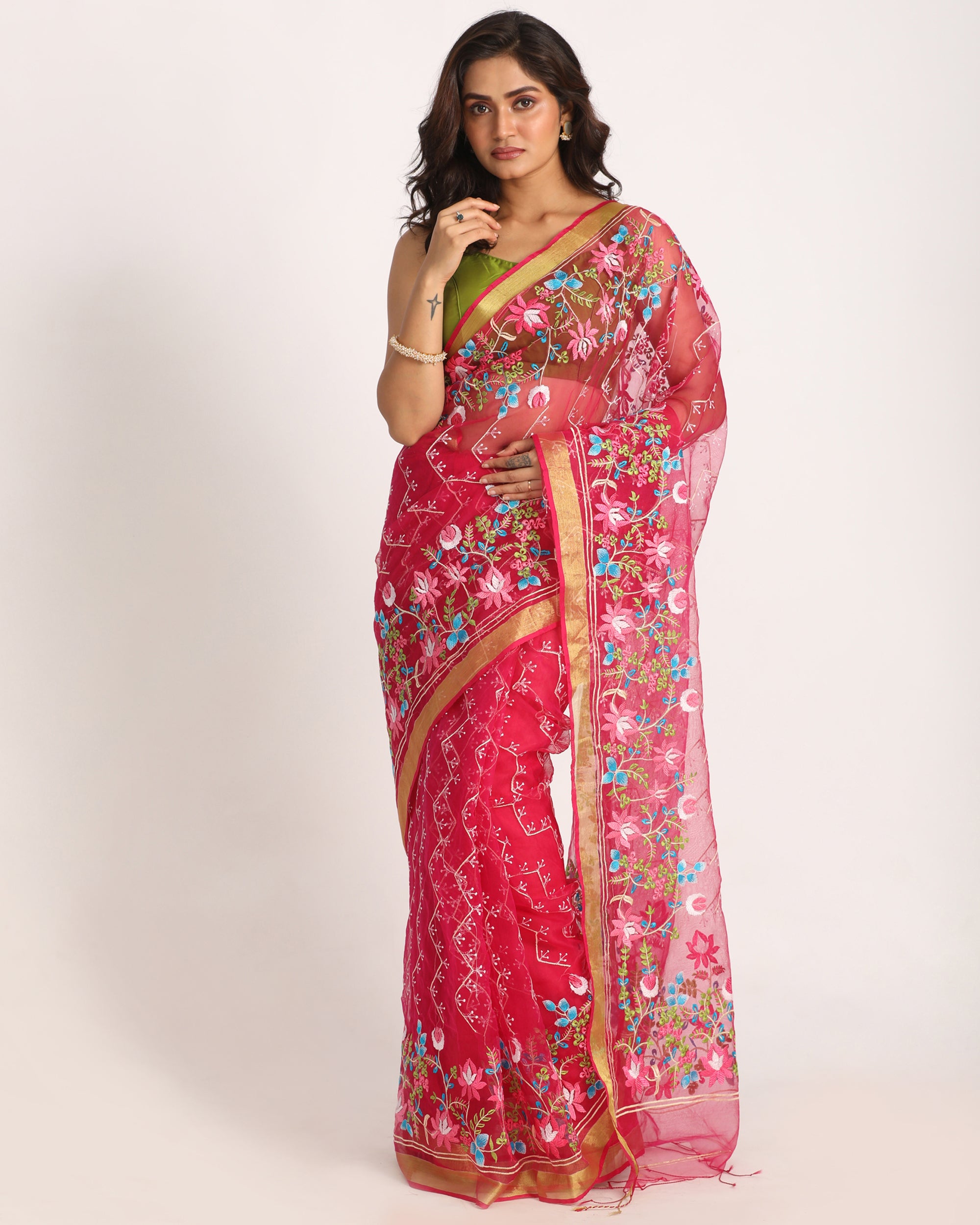 Women's Deep Pink Art Silk Muslin Handloom Embroidery Saree - Angoshobha