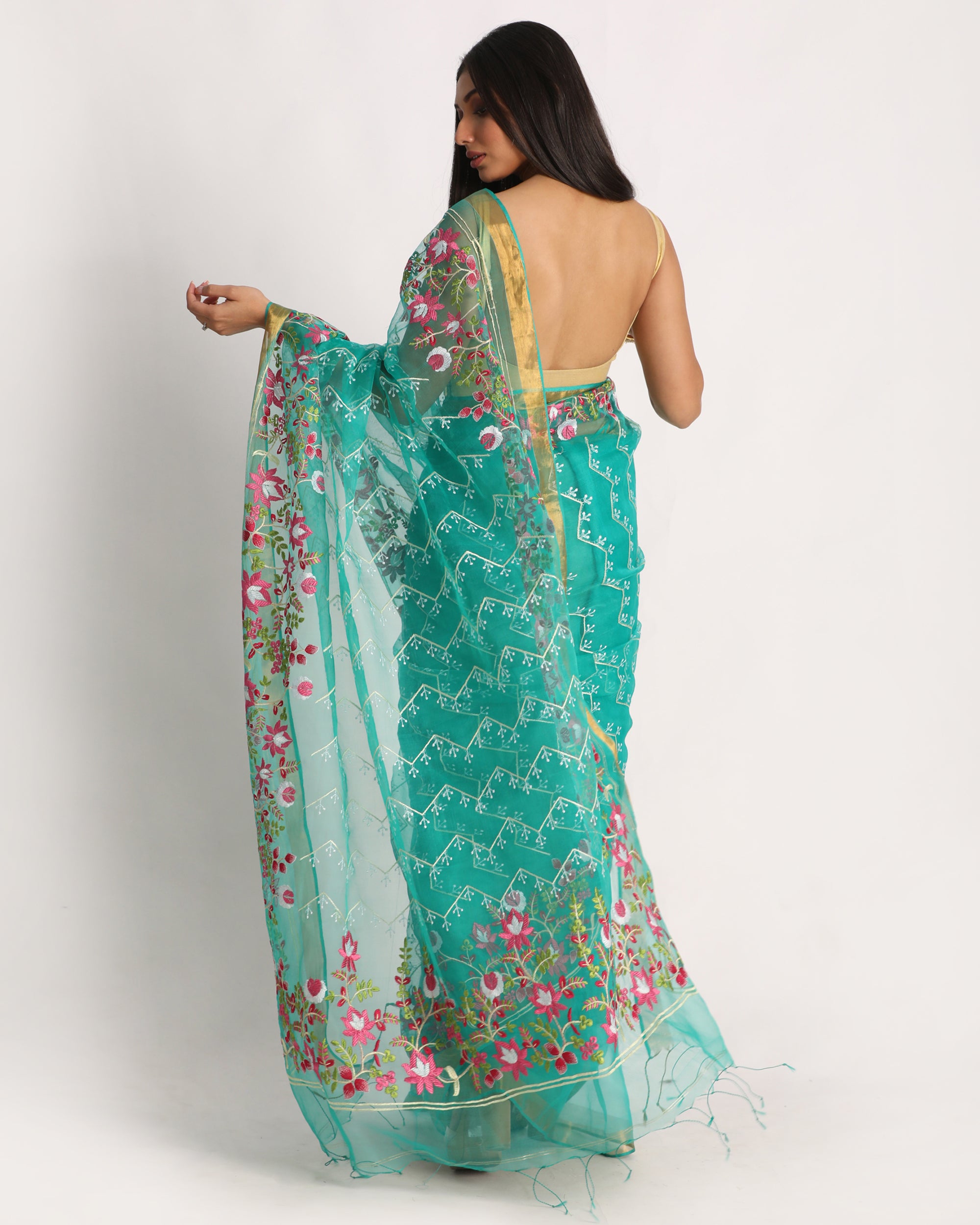 Women's Turquoise Art Silk Muslin Handloom Embroidery Saree - Angoshobha
