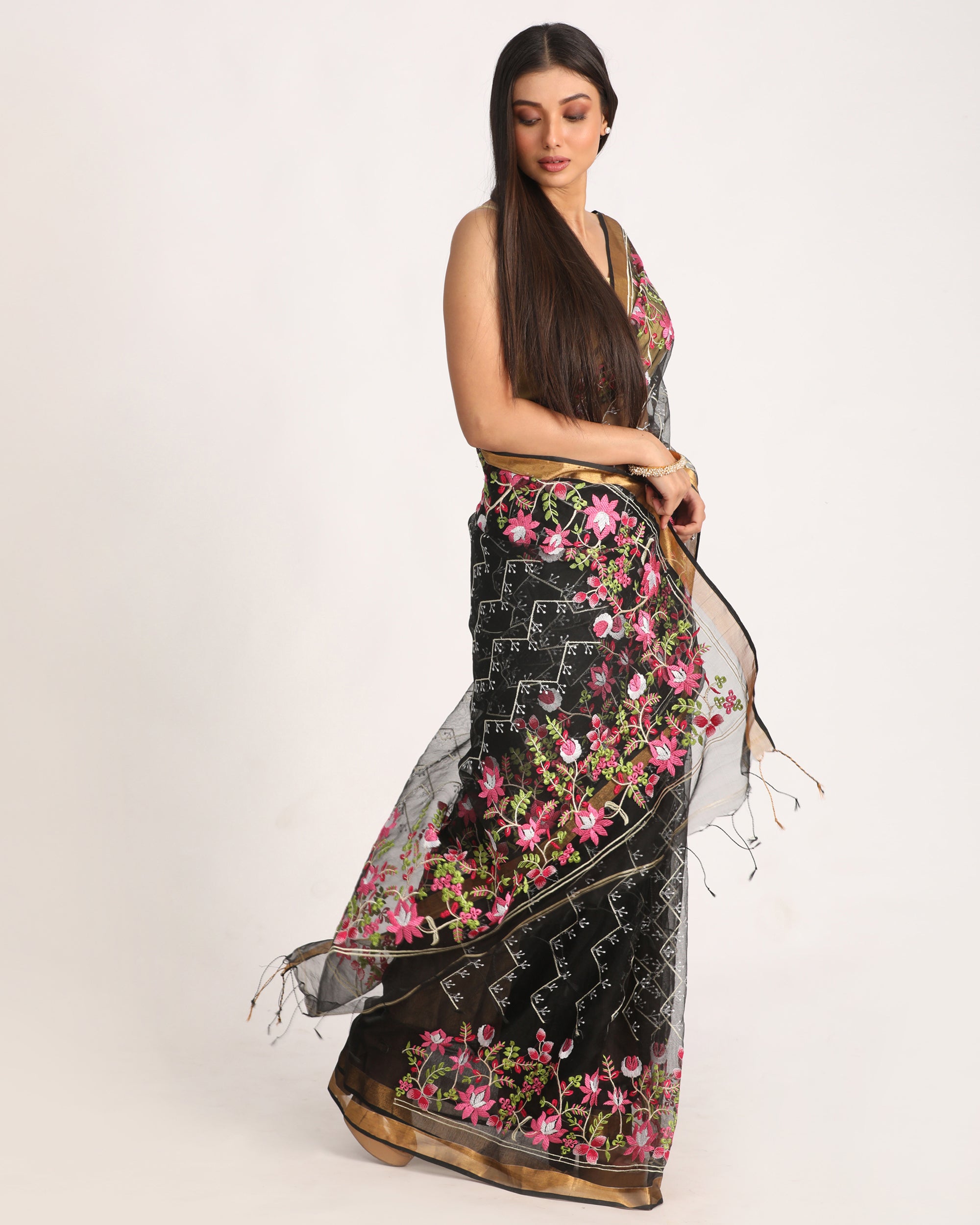 Women's Black Art Silk Muslin Handloom Embroidery Saree - Angoshobha