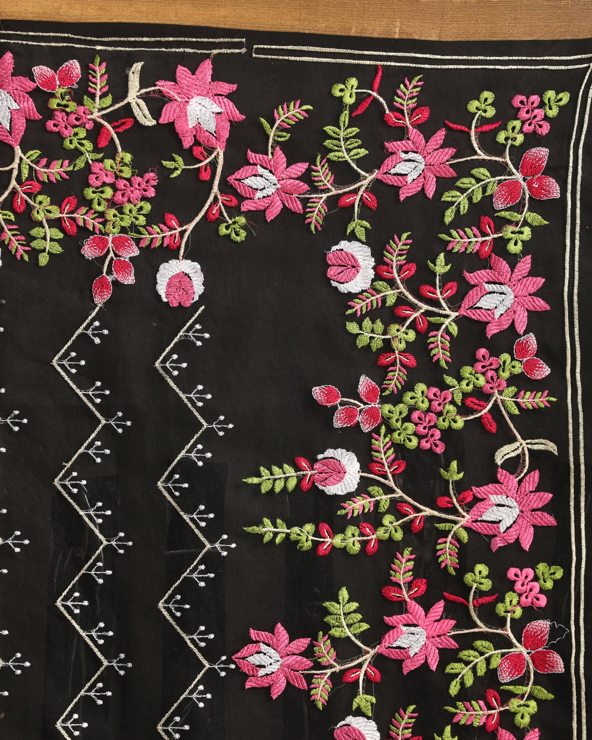 Women's Black Art Silk Muslin Handloom Embroidery Saree - Angoshobha