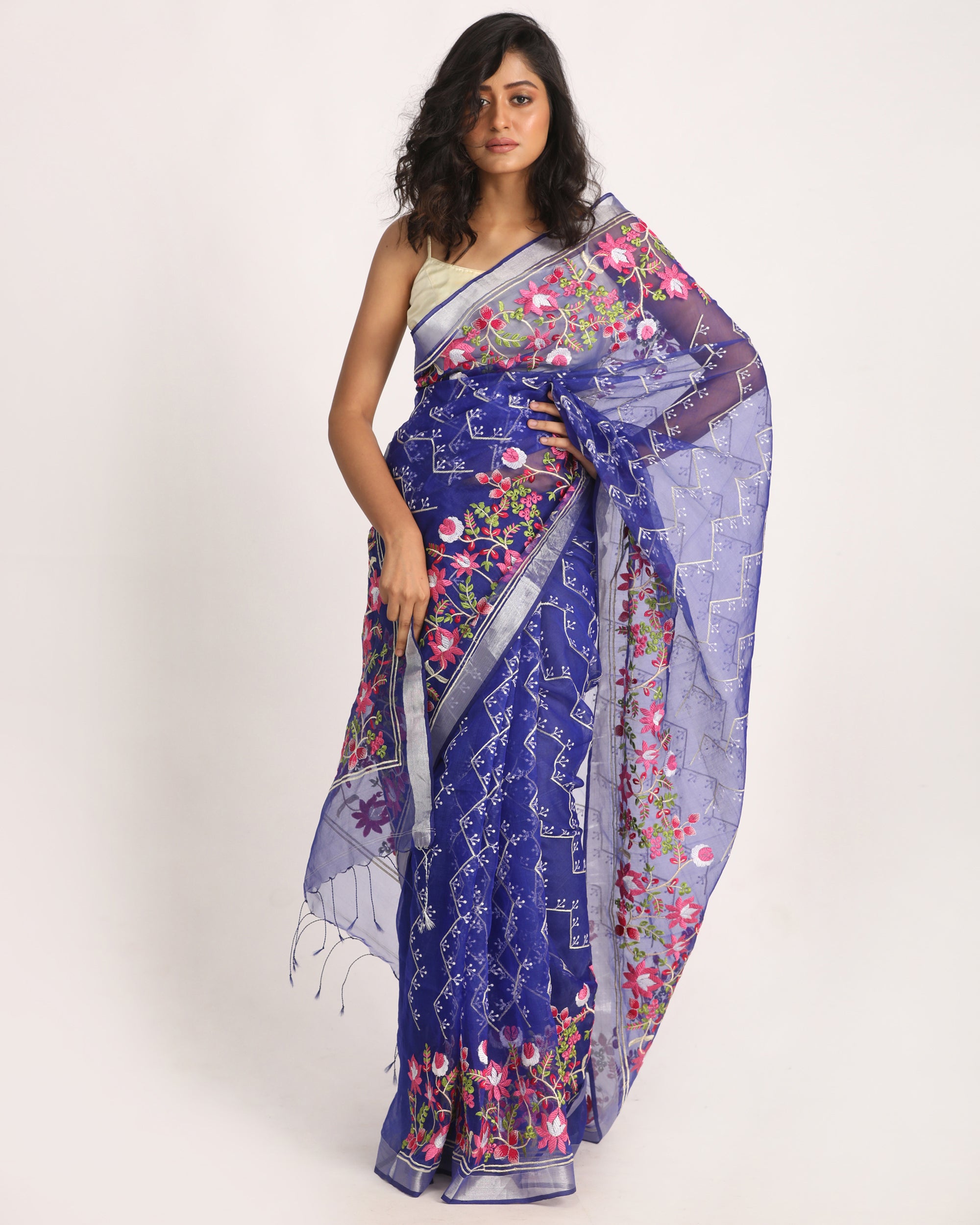 Women's Royel Blue Art Silk Muslin Handloom Embroidery Saree - Angoshobha