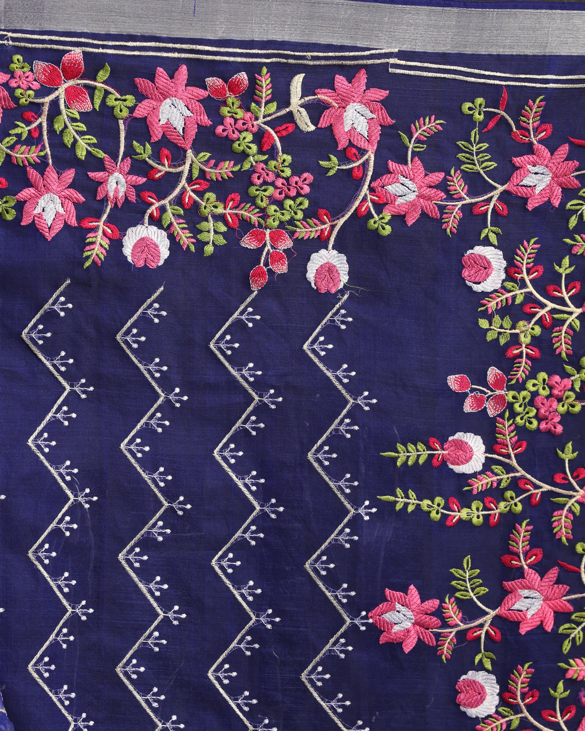Women's Royel Blue Art Silk Muslin Handloom Embroidery Saree - Angoshobha