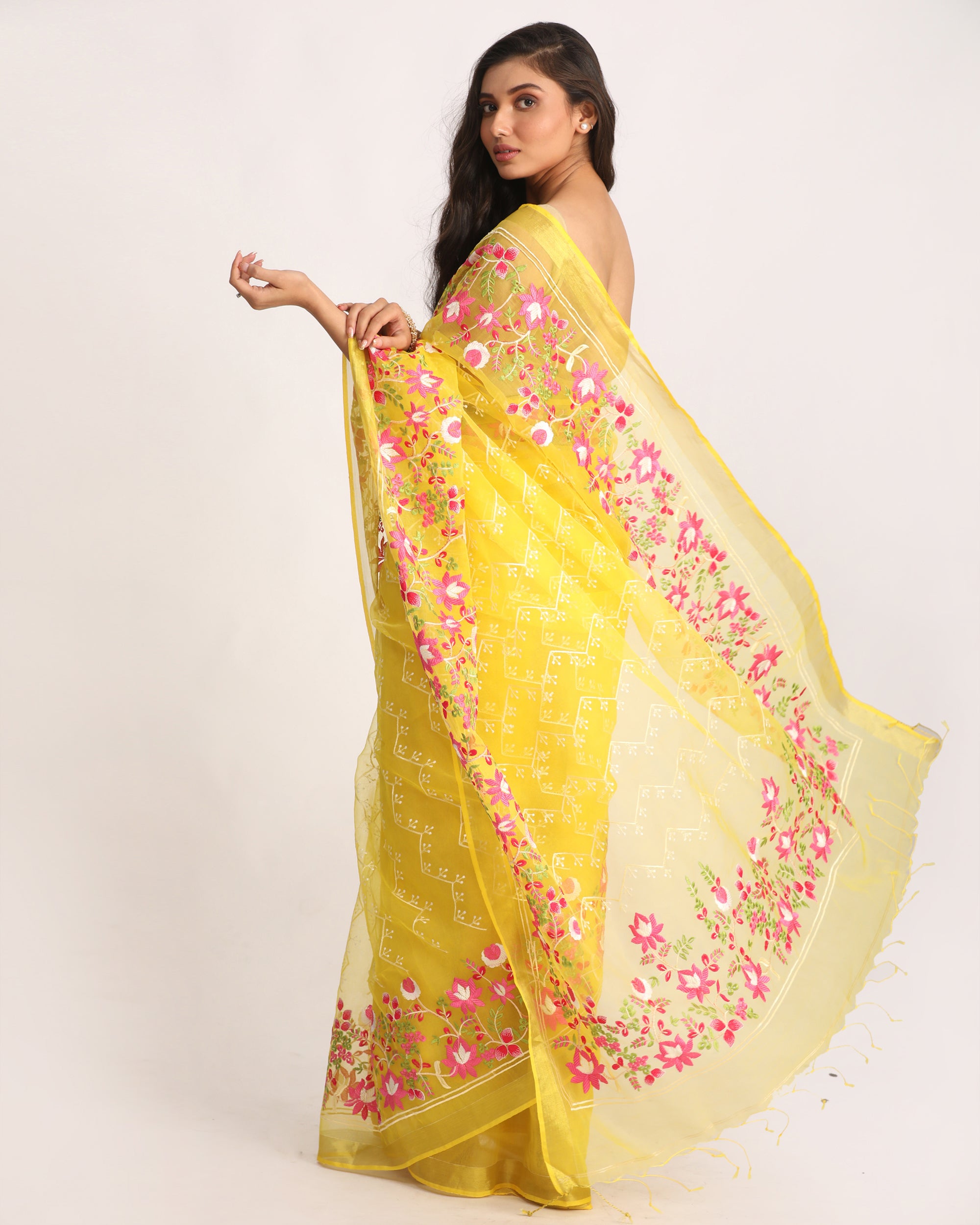 Women's Yellow Art Silk Muslin Handloom Embroidery Saree - Angoshobha