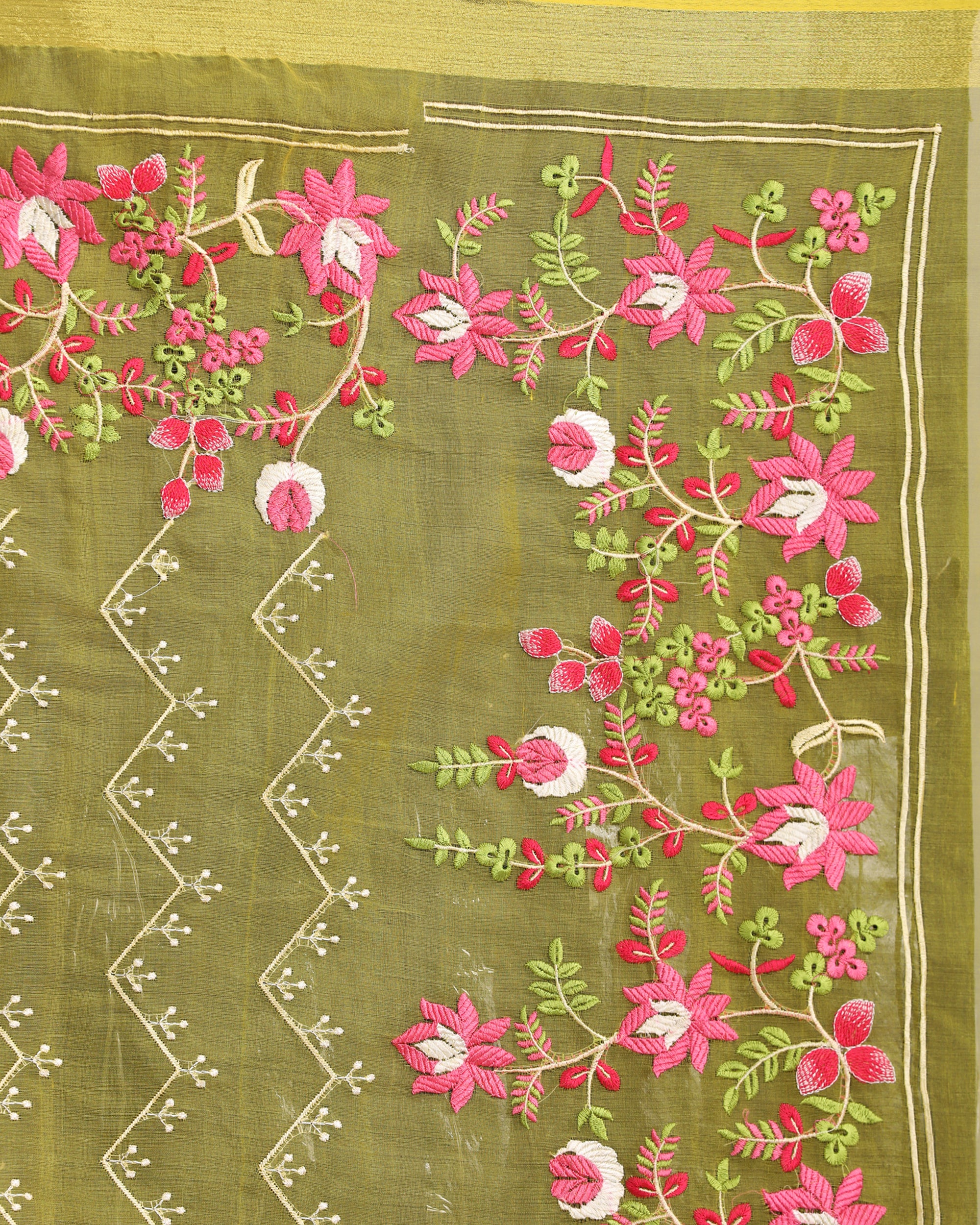 Women's Yellow Art Silk Muslin Handloom Embroidery Saree - Angoshobha