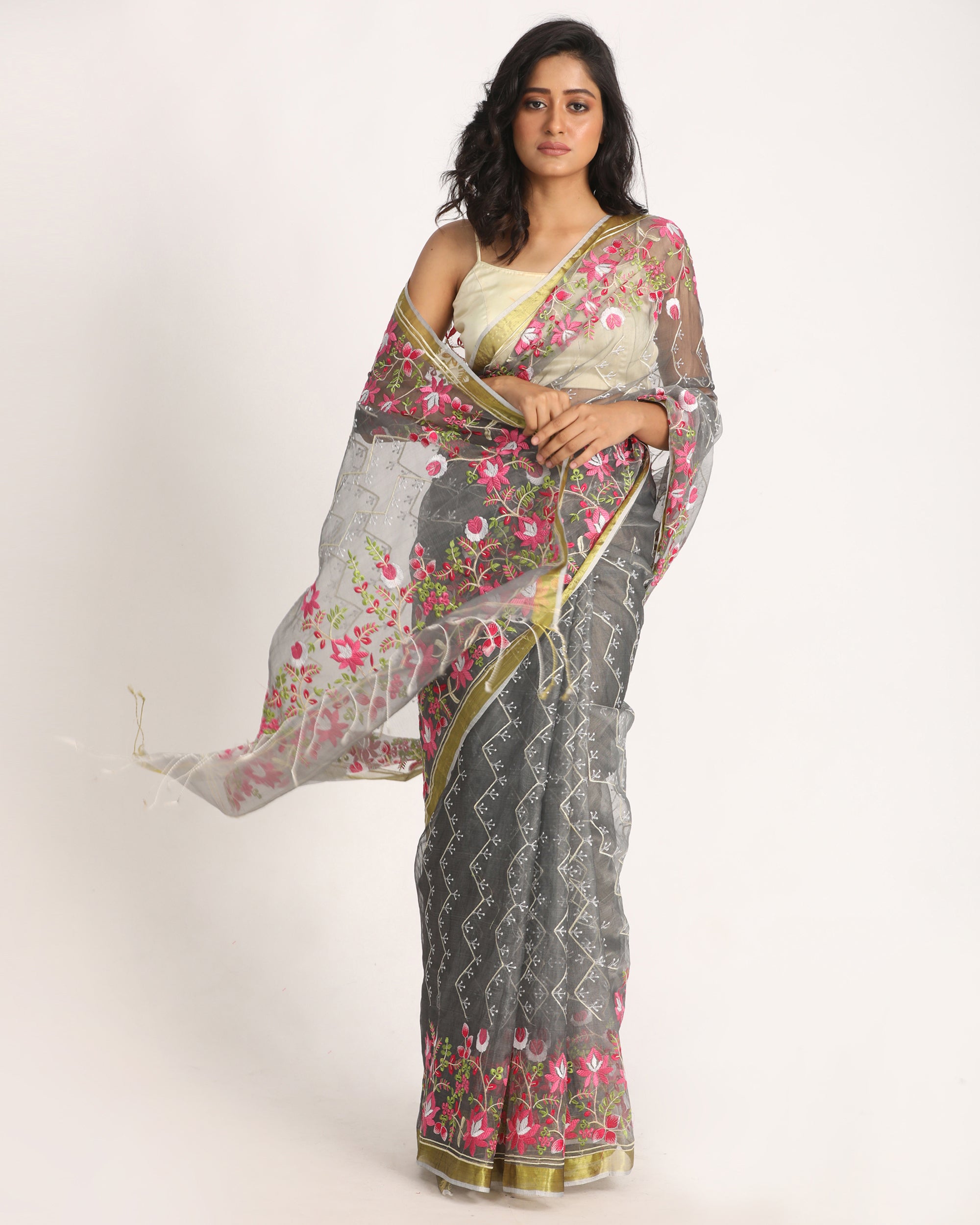 Women's Grey Art Silk Muslin Handloom Embroidery Saree - Angoshobha