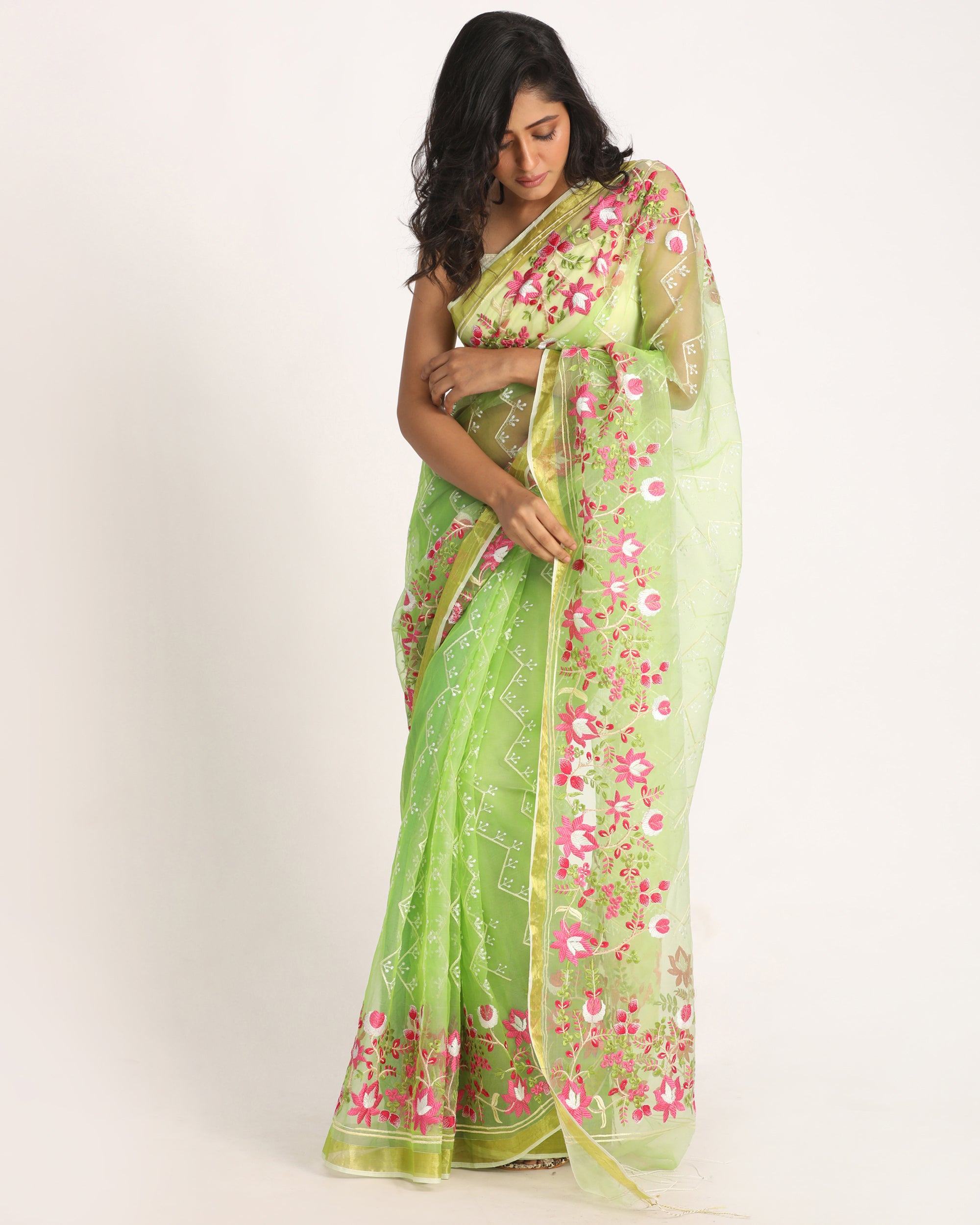 Women's Green Art Silk Muslin Handloom Embroidery Saree - Angoshobha