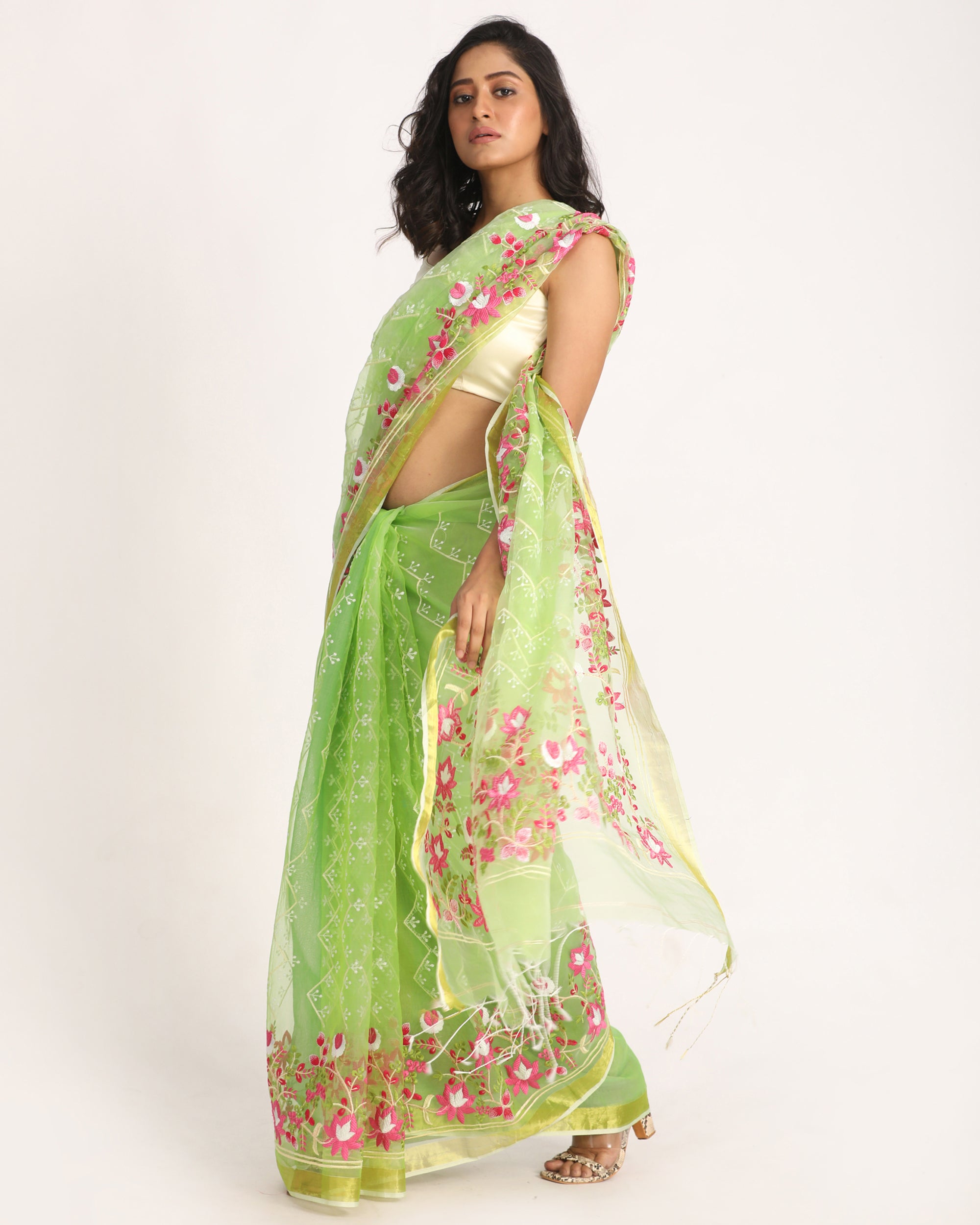 Women's Green Art Silk Muslin Handloom Embroidery Saree - Angoshobha