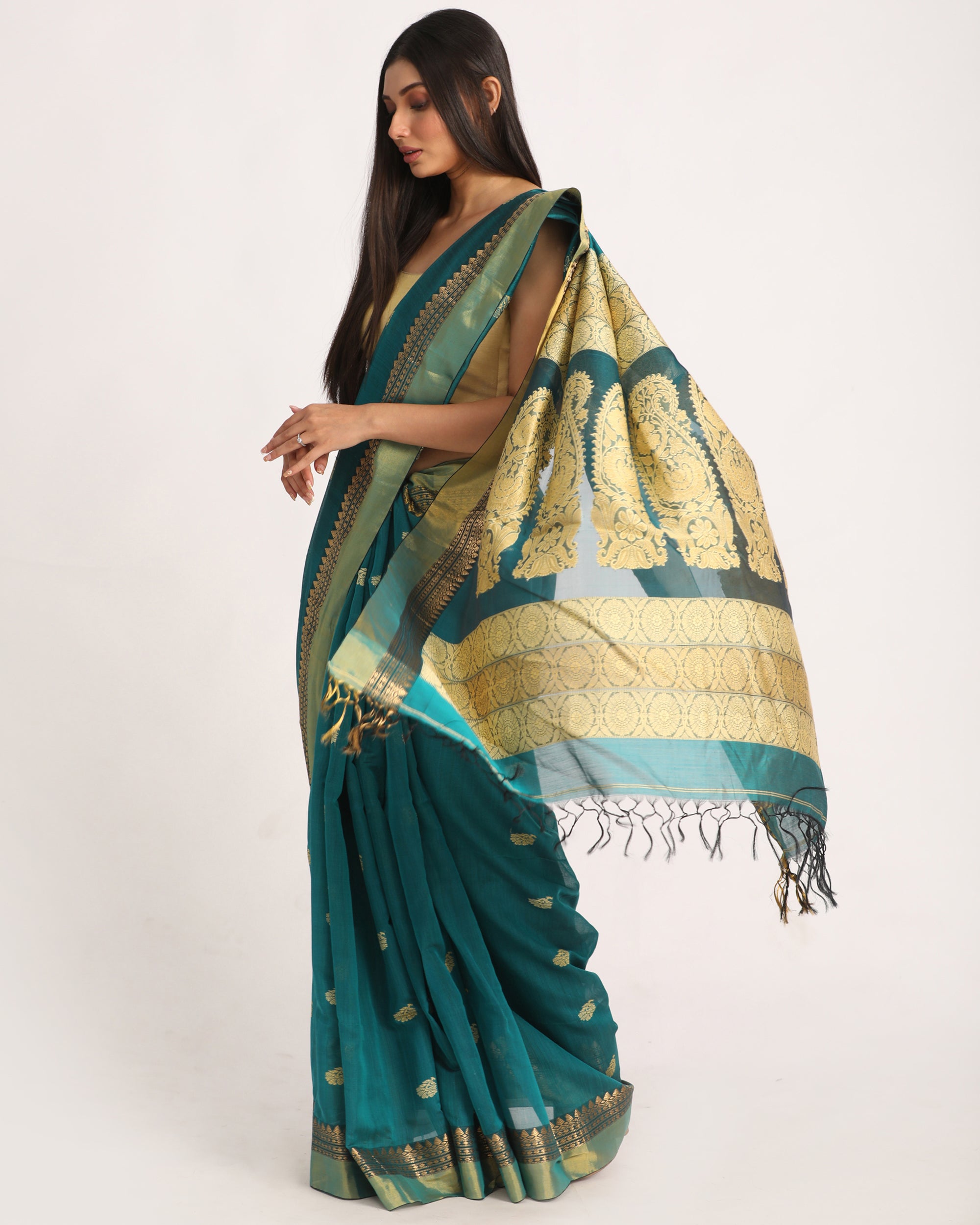 Women's Teal Traditional Handloom Cotton Silk Jamdani Saree - Angoshobha
