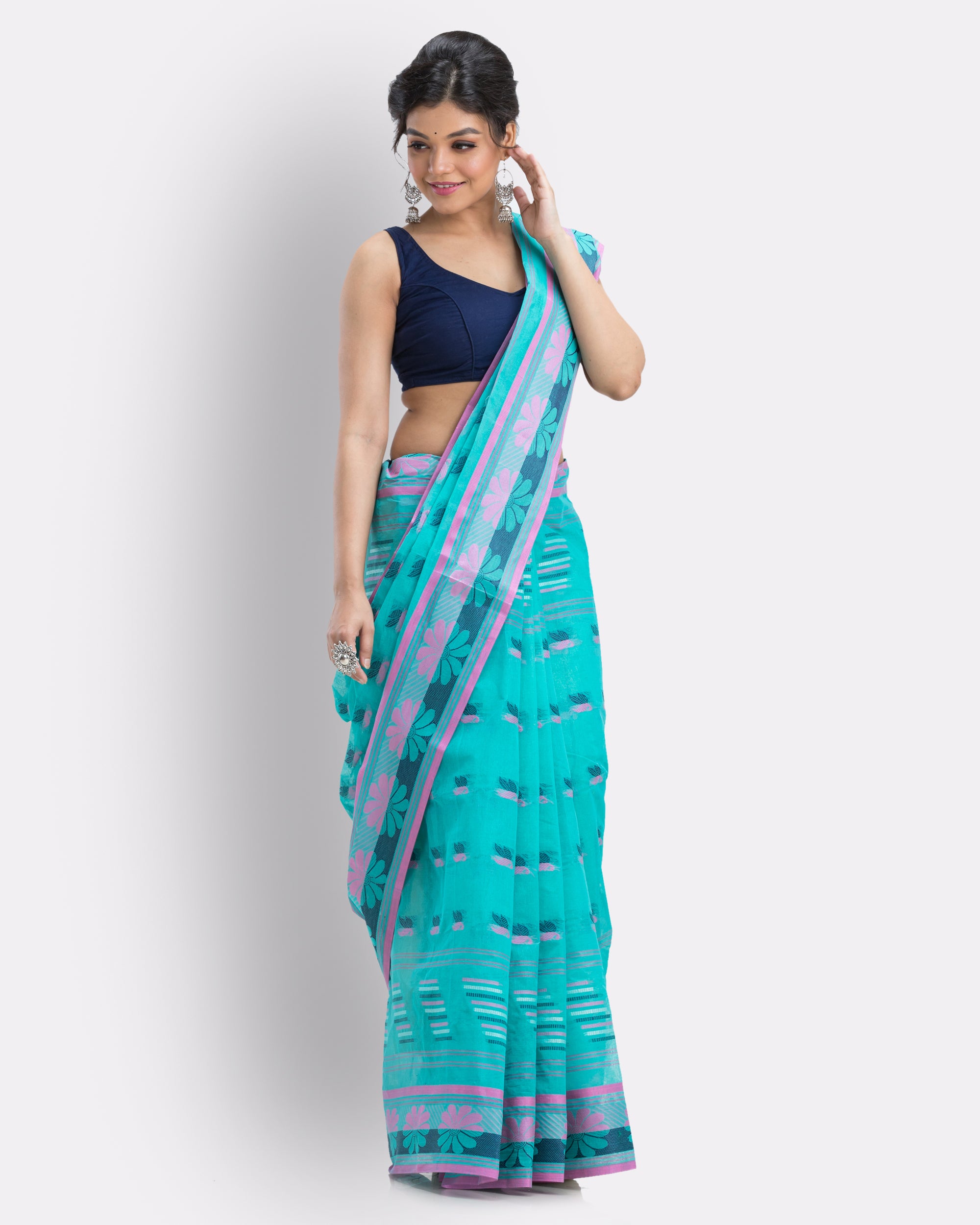 Women's Handwoven, Self Design Tant Pure Cotton Saree (Turquoise) - Angoshobha