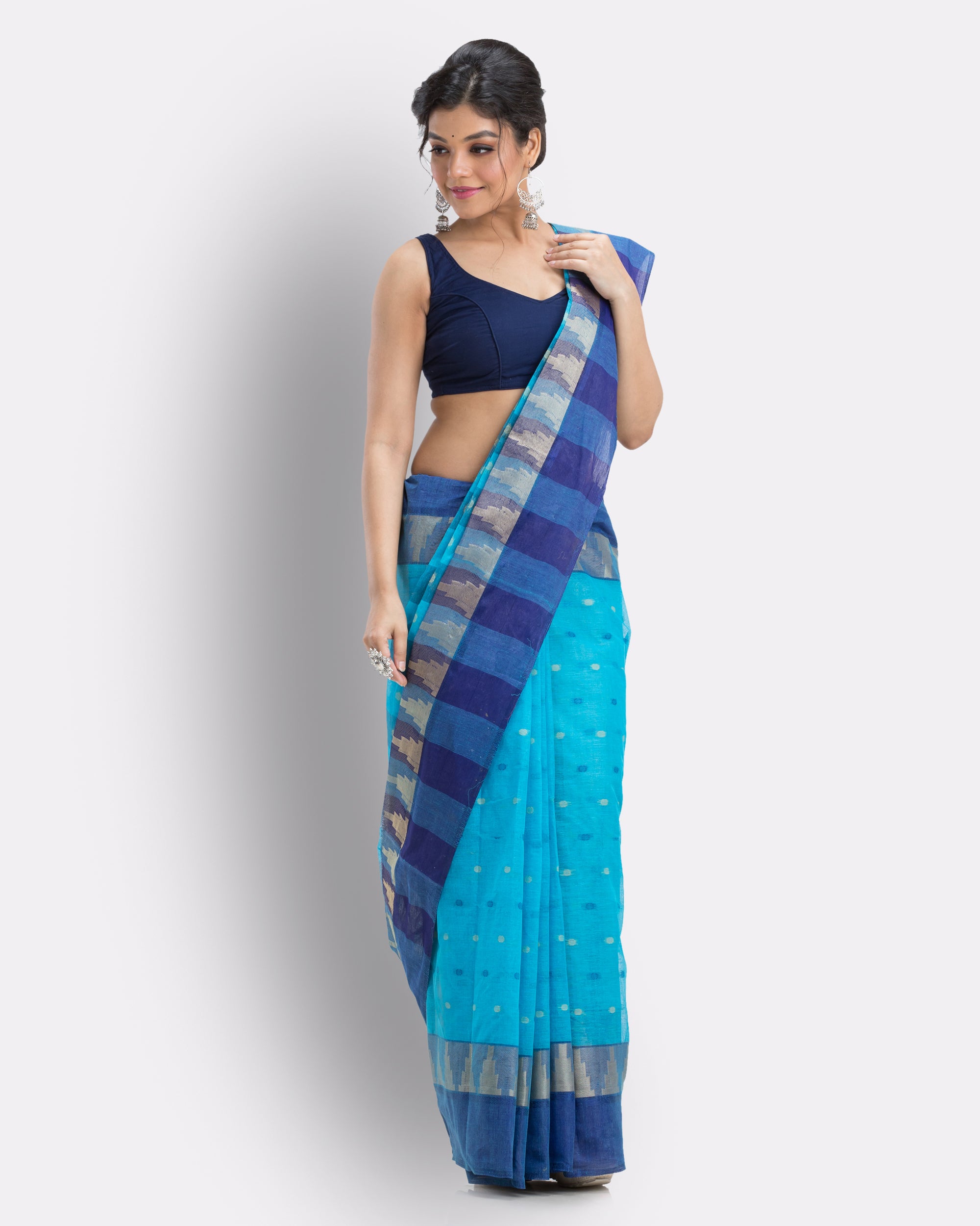 Women's Self Temple Design Blue Tant Pure Cotton Saree - Angoshobha