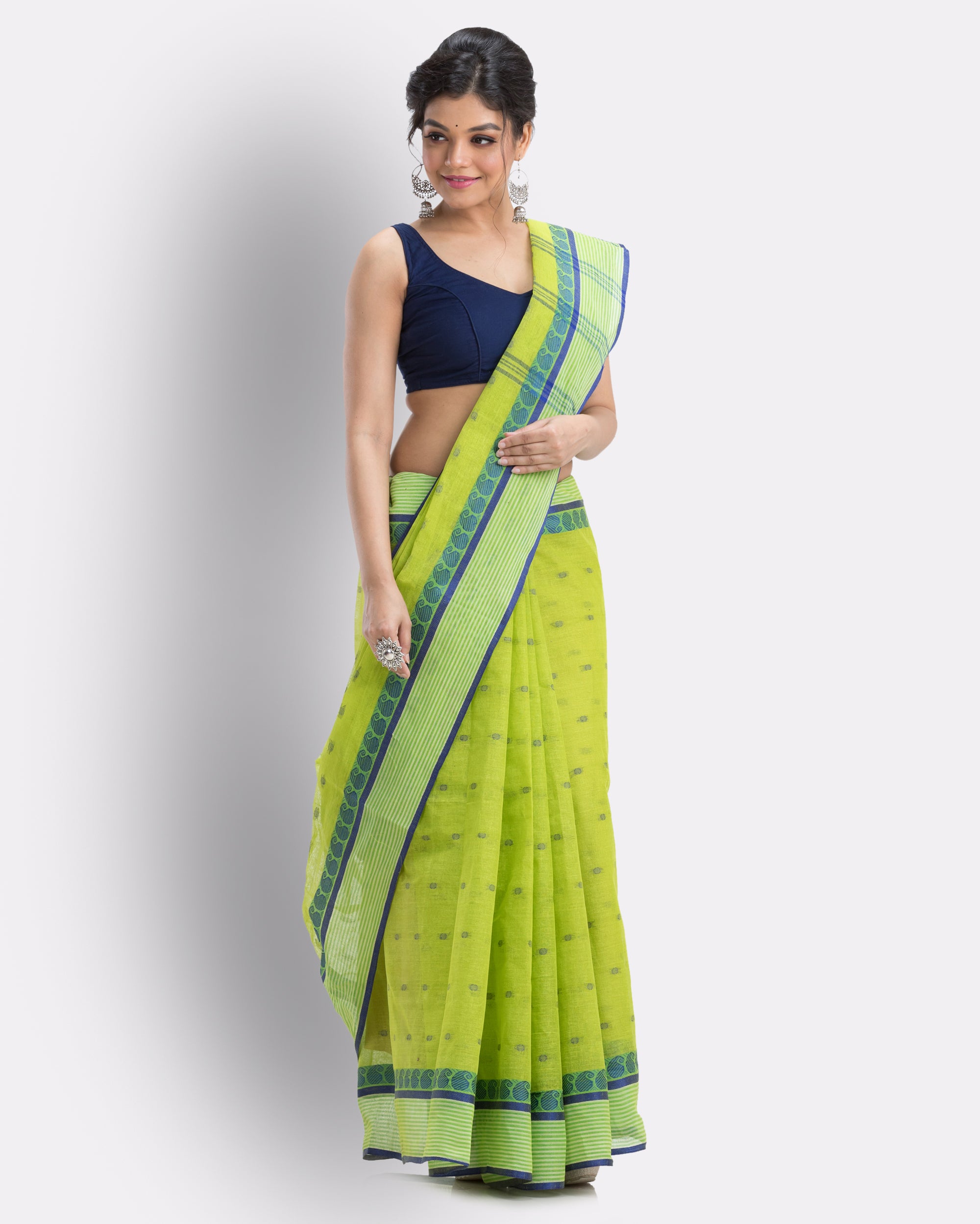 Women's Self Design Tant Pure Cotton Saree (Green) - Angoshobha