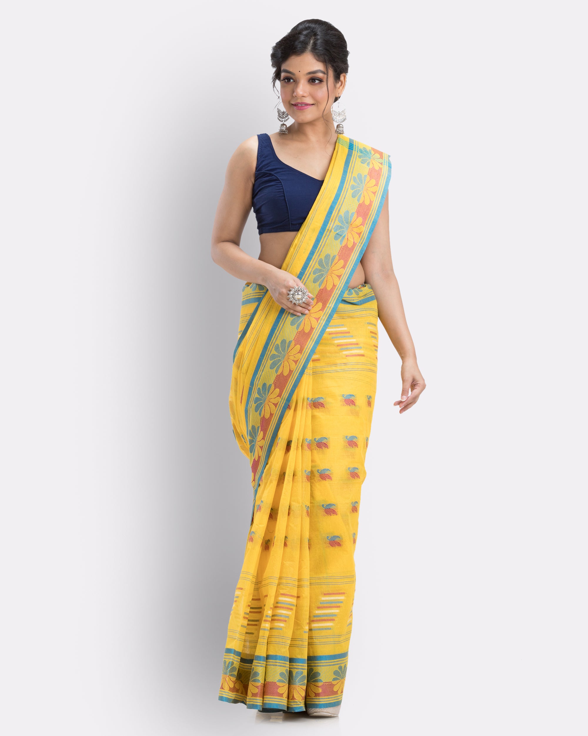 Women's Handwoven, Self Design Tant Pure Cotton Saree (Yellow) - Angoshobha