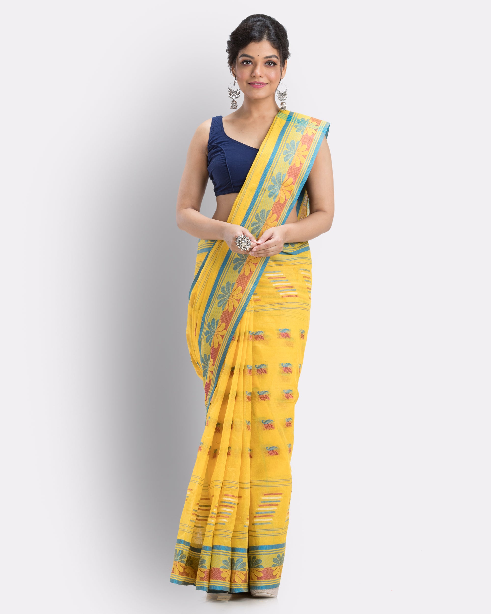 Women's Handwoven, Self Design Tant Pure Cotton Saree (Yellow) - Angoshobha