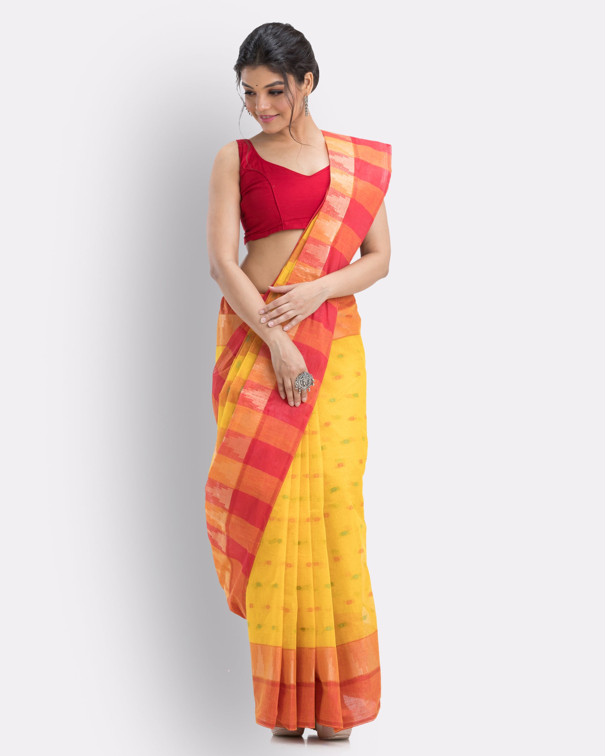 Women's Self Design Tant Pure Cotton Saree (Yellow) - Angoshobha