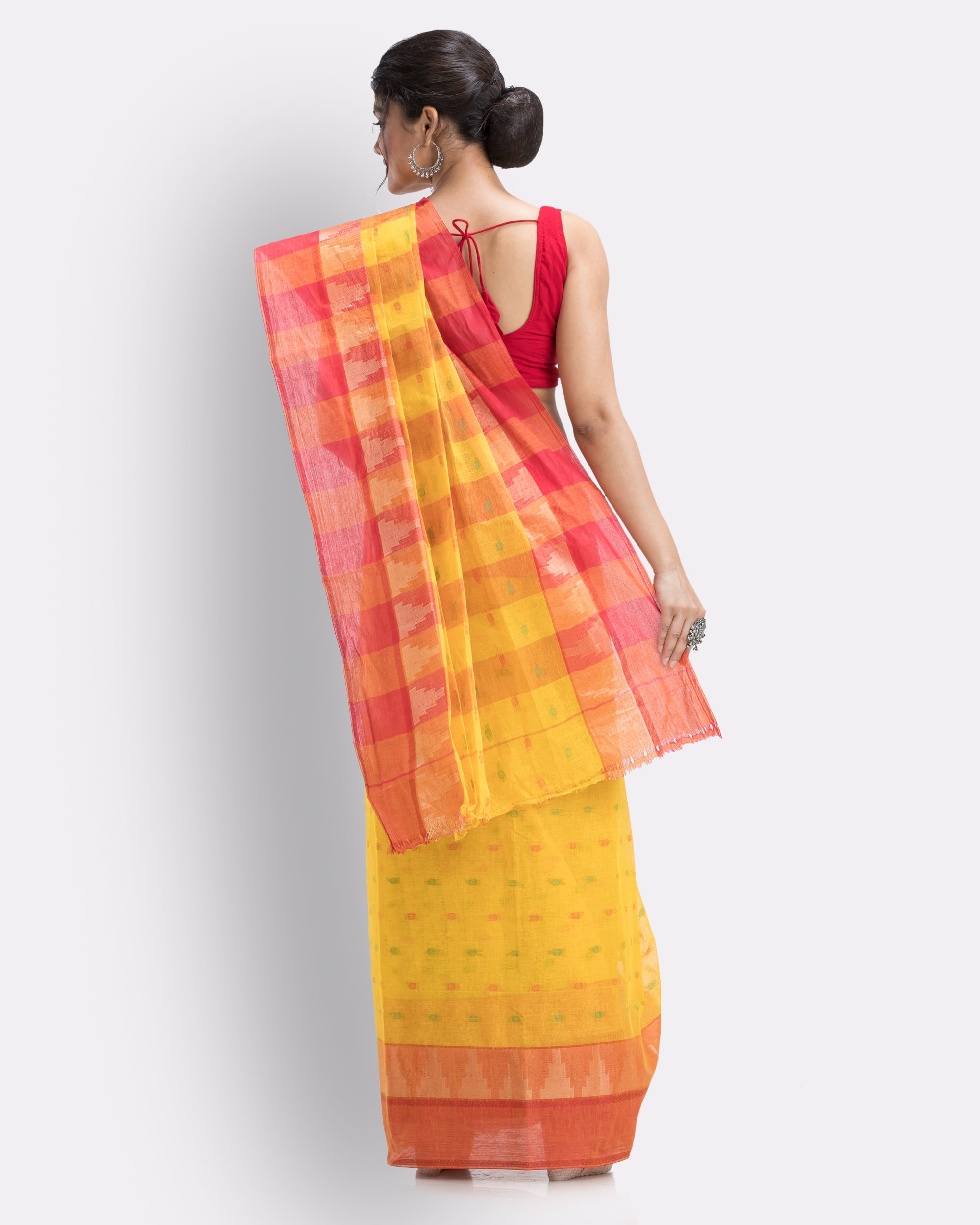 Women's Self Design Tant Pure Cotton Saree (Yellow) - Angoshobha
