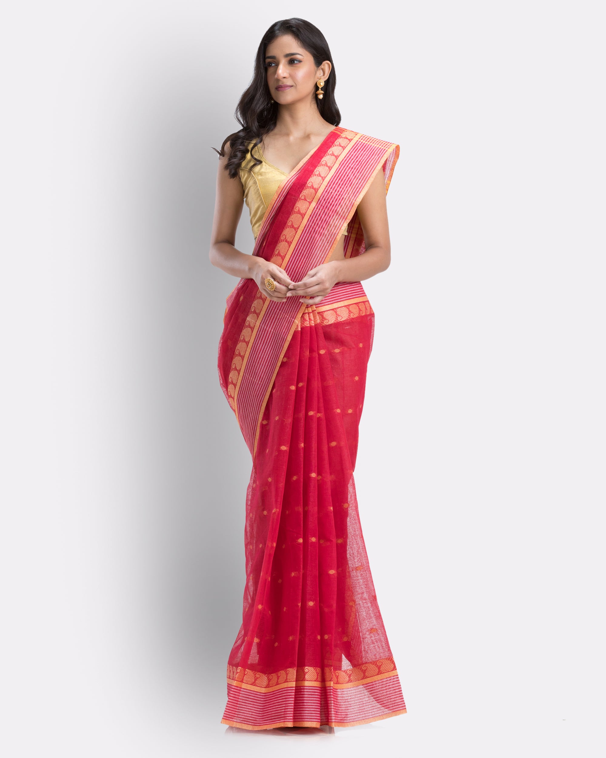 Women's Self Design Tant Pure Cotton Saree (Red) - Angoshobha