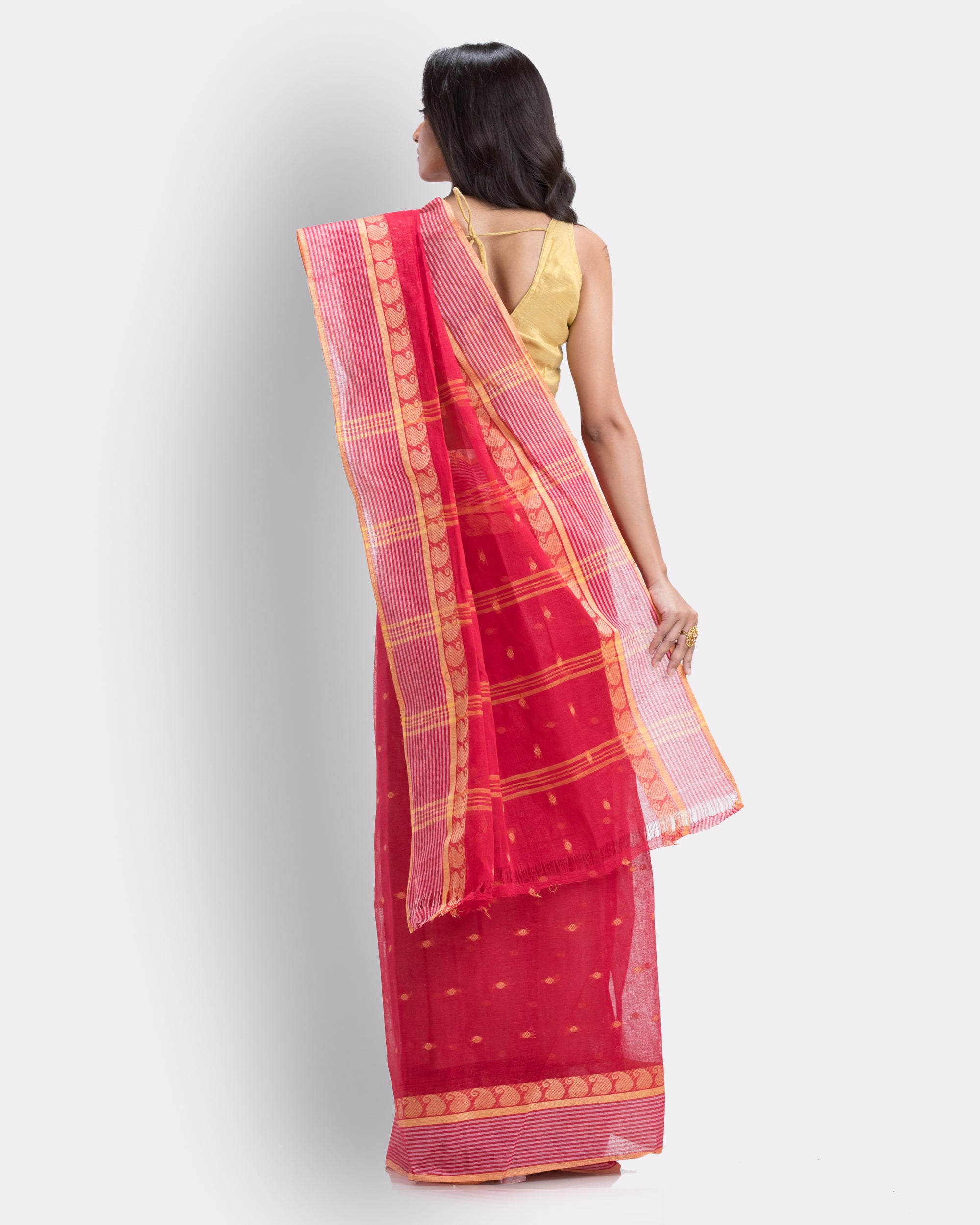 Women's Self Design Tant Pure Cotton Saree (Red) - Angoshobha