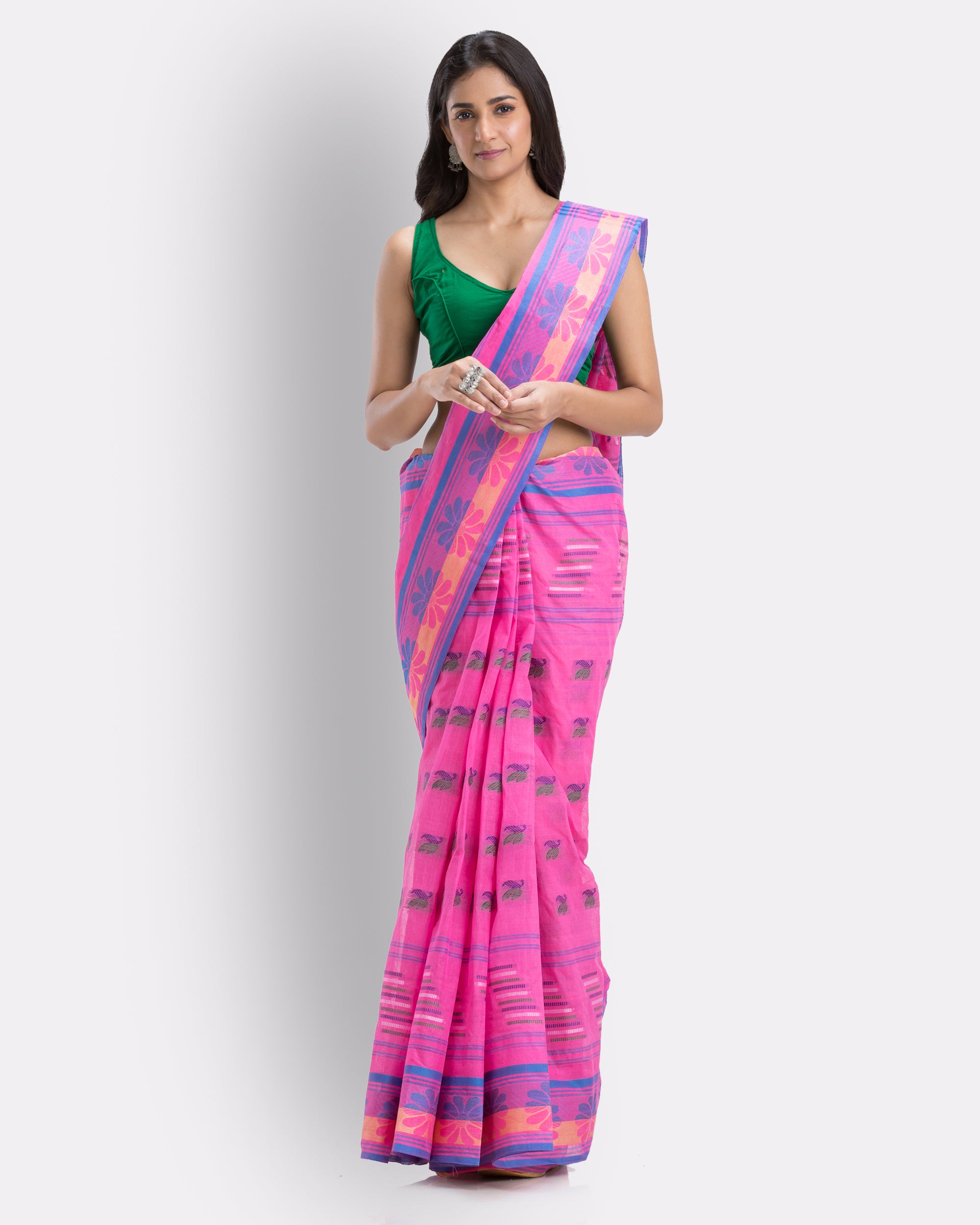 Women's Handwoven, Self Design Tant Pure Cotton Saree (Pink) - Angoshobha