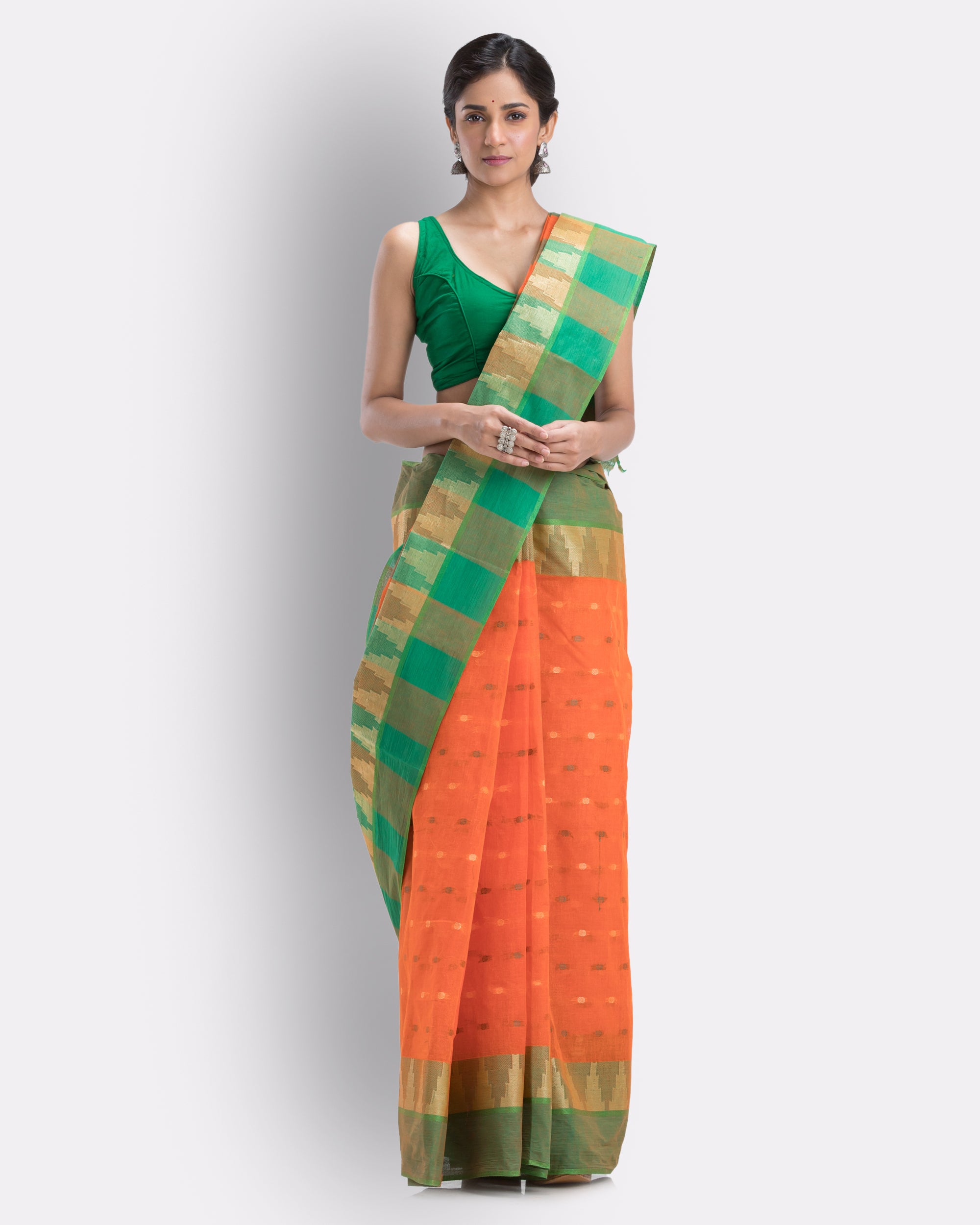Women's Self Temple Design Tant Pure Cotton Saree (Orange) - Angoshobha