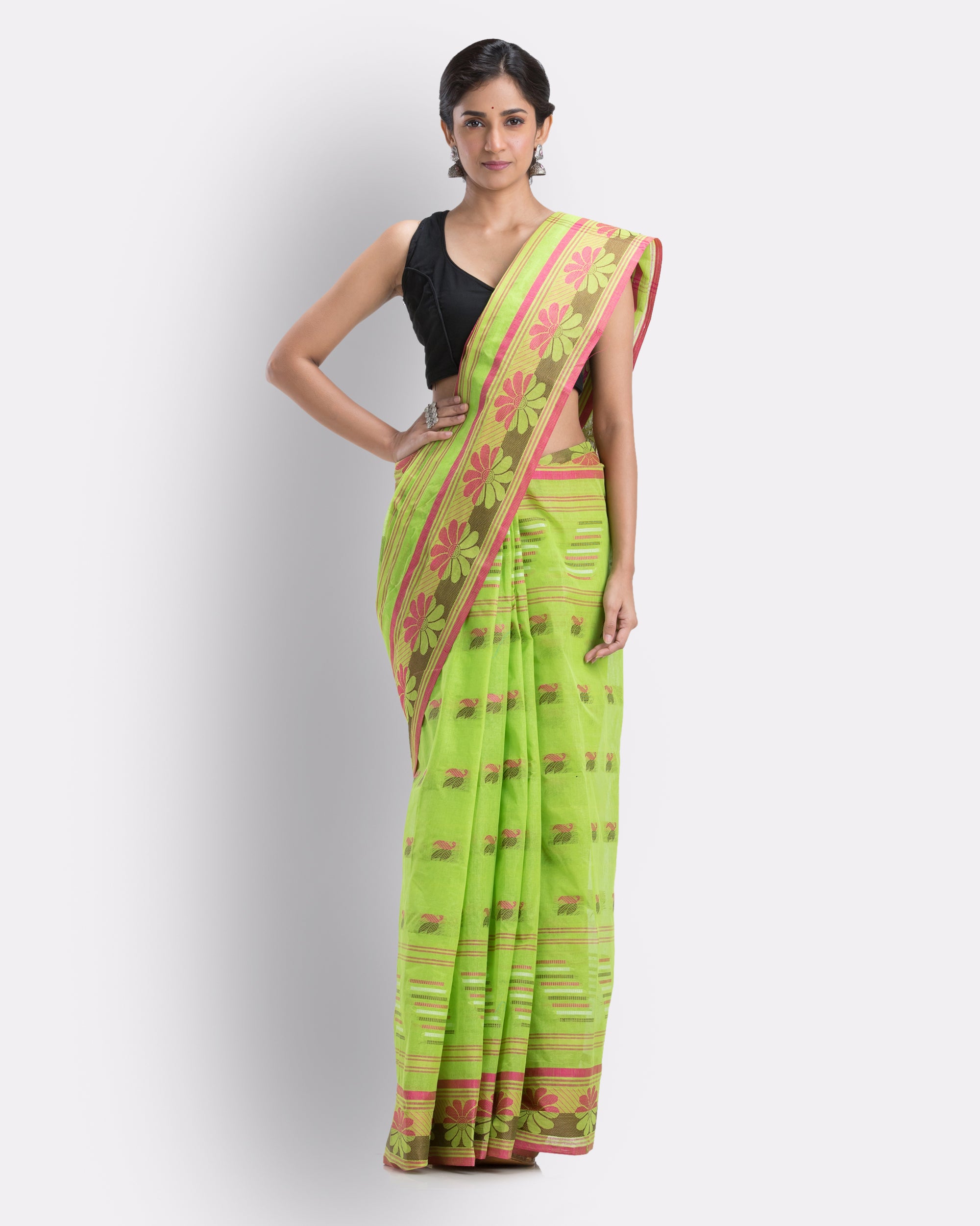 Women's Handwoven, Self Design Tant Pure Cotton Saree (Green) - Angoshobha