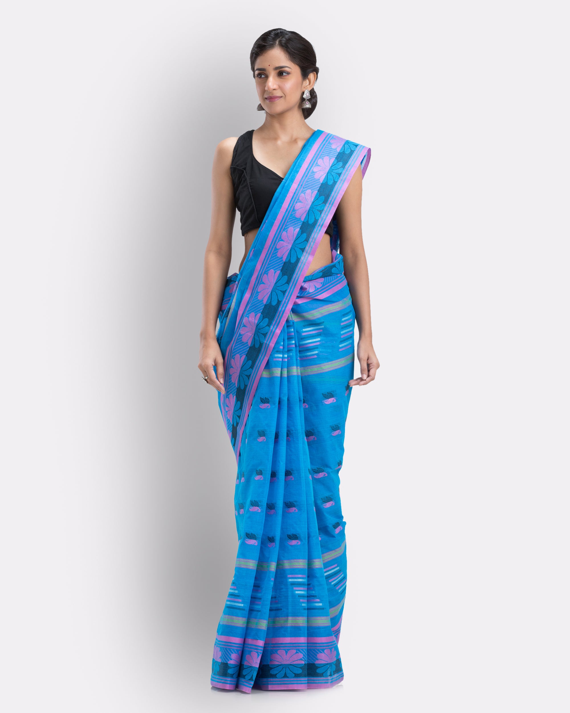Women's Handwoven, Self Design Tant Pure Cotton Saree (Blue) - Angoshobha