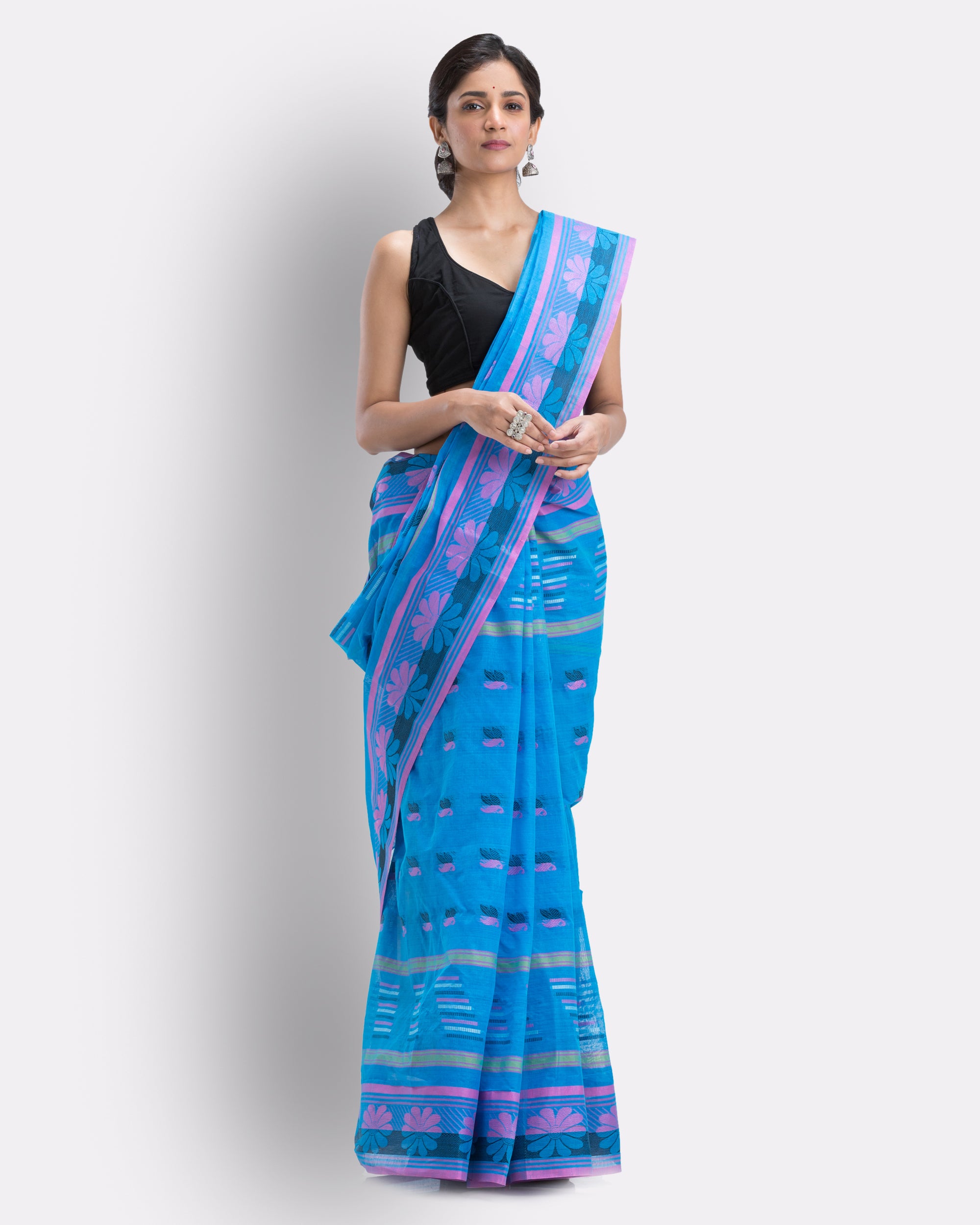 Women's Handwoven, Self Design Tant Pure Cotton Saree (Blue) - Angoshobha