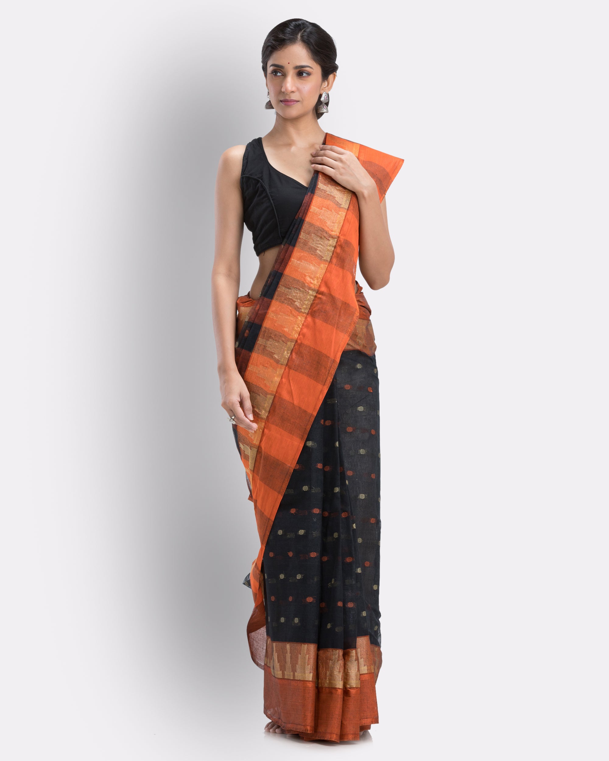 Women's Self Temple Design Tant Pure Cotton Saree (Black) - Angoshobha