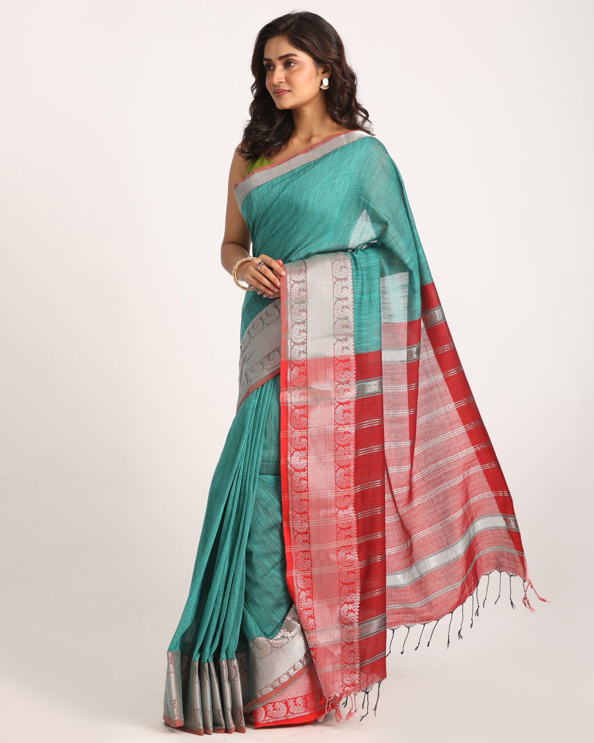Women's Deep Teal Handloom Cotton Tangail Saree - Angoshobha